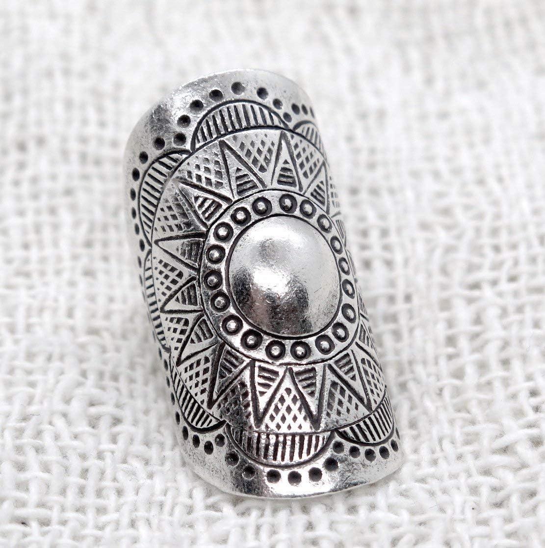Handmade Sterling Silver Long Large Boho Statement Ring With Symbolic Solar Star Mandala, Tribal Gypsy Hippie Adjustable to Sizes 6-11, Gift for Her - Handmade Lifestyle Shop