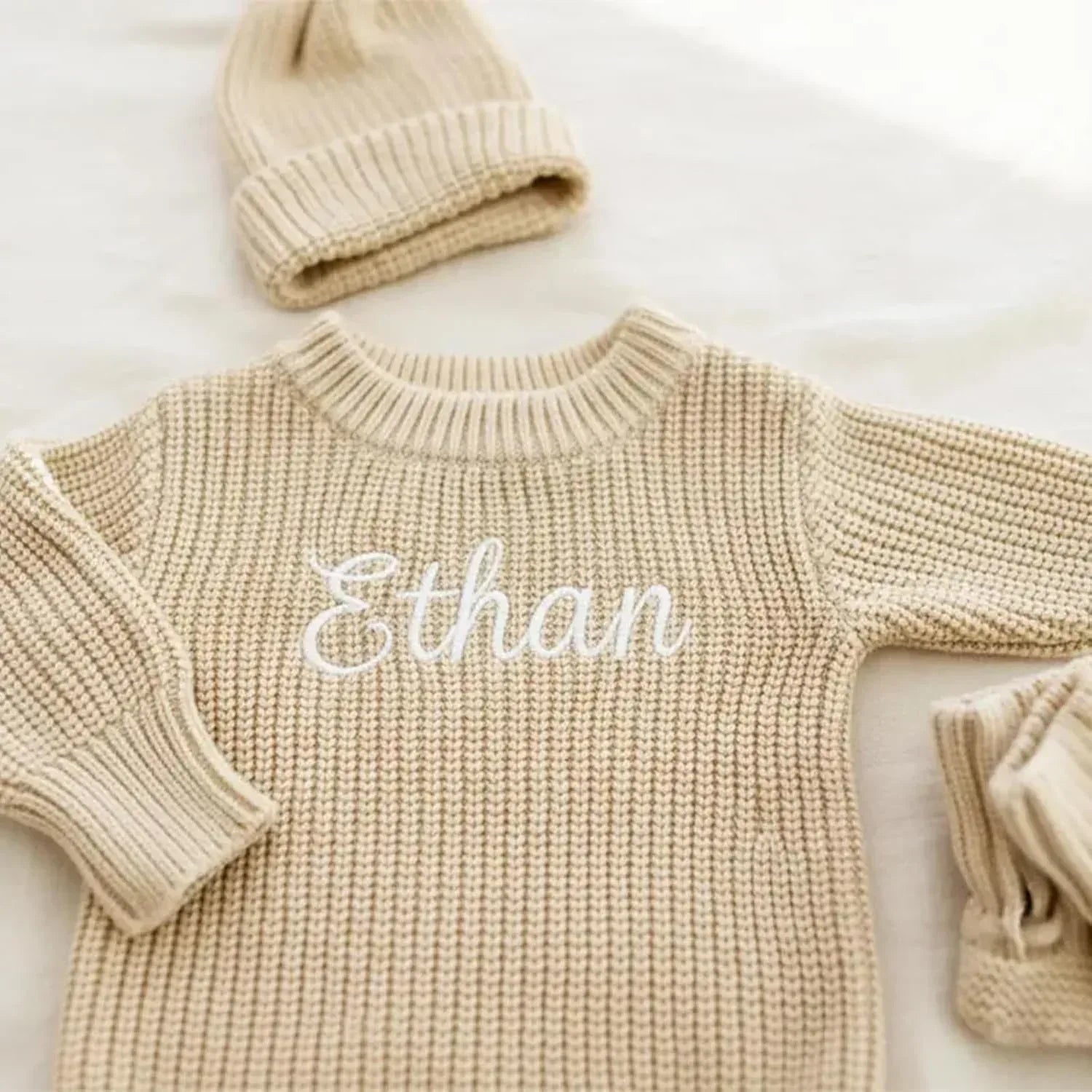 Personalized Embroidered Baby Romper Set - Cotton Newborn Coming Home Outfit, Knit Sweater with Hat & Booties,Gender Neutral Gift - Handmade Lifestyle Shop