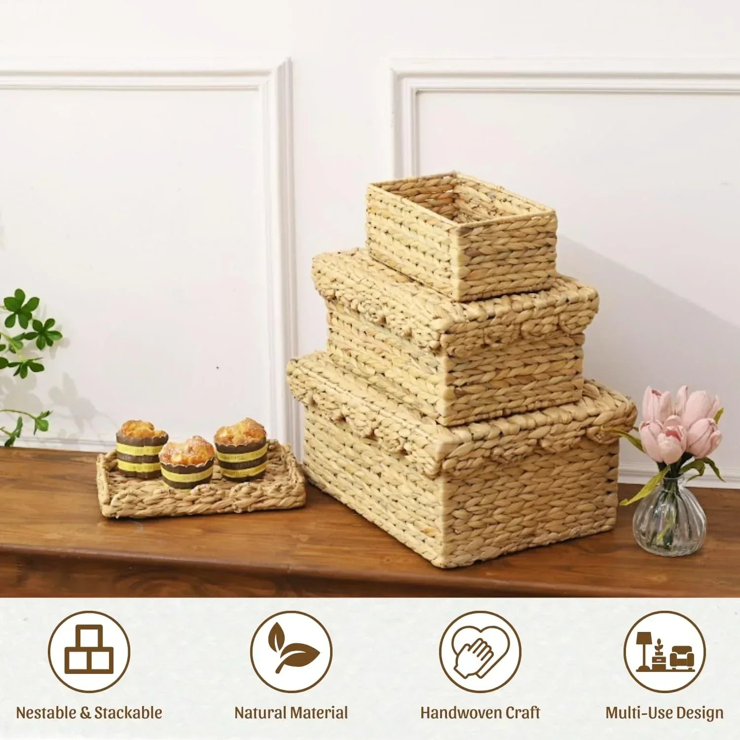 Wicker Storage Basket with Lid Set of 3 – Decorative Seagrass Boxes for Organizing Toys, Clothes & Essentials – Handwoven Natural Storage Bins for Home Decor - Handmade Lifestyle Shop