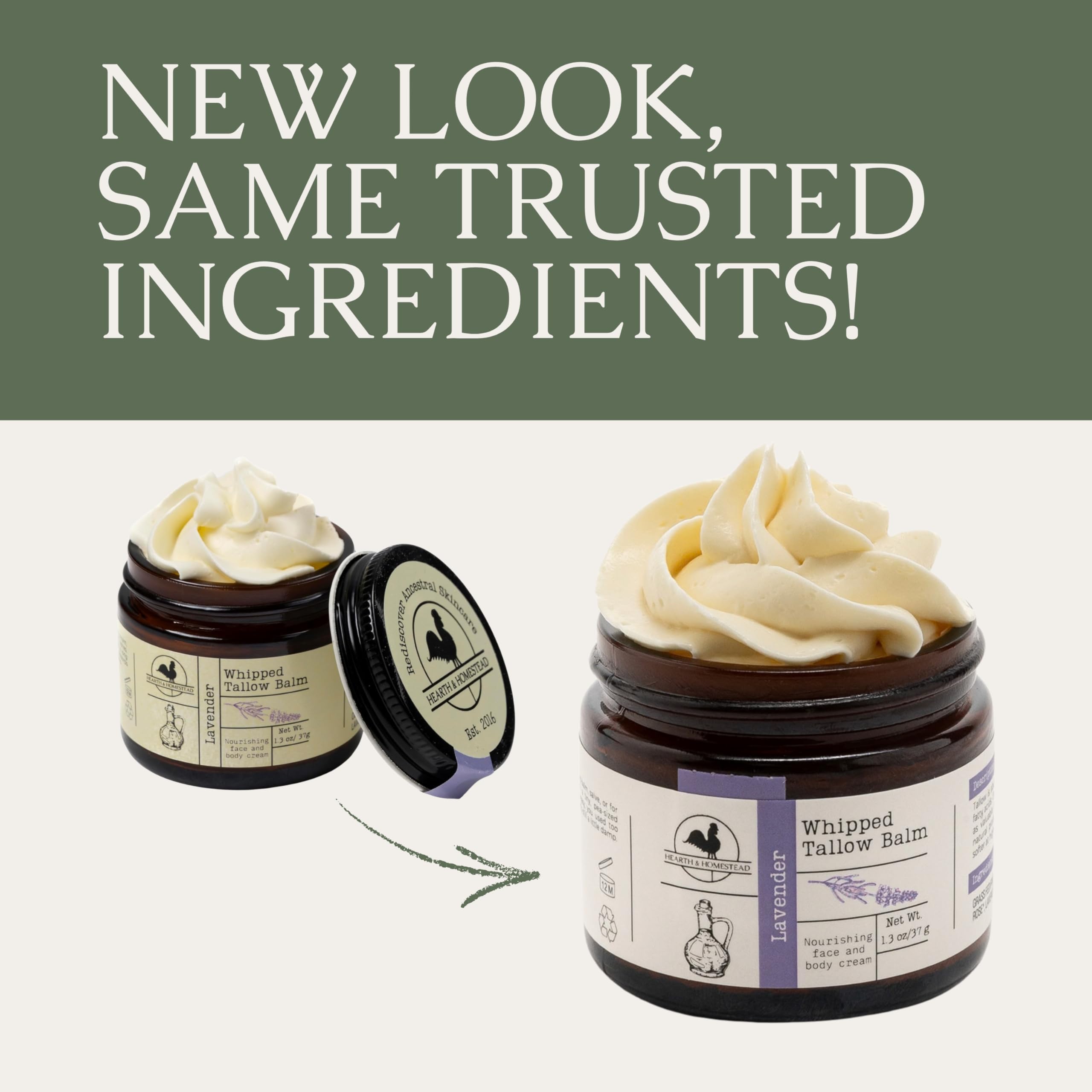 Hearth and Homestead: Handmade Whipped Tallow Balm (Unscented/Herb-Infused) - Organic Body Butter with Infused Olive Oil, for Eczema, Rosacea, Baby - 1.3 oz