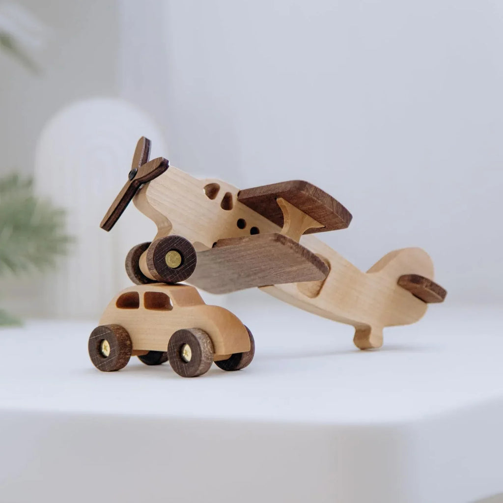 Busy Puzzle Montessori Wooden Airplane and Car Set – Handcrafted Natural Wood Push Toys for Toddlers, Montessori-Inspired, Imaginative Travel Play Set, Natural Solid Wood Toddler Toys - Handmade Lifestyle Shop