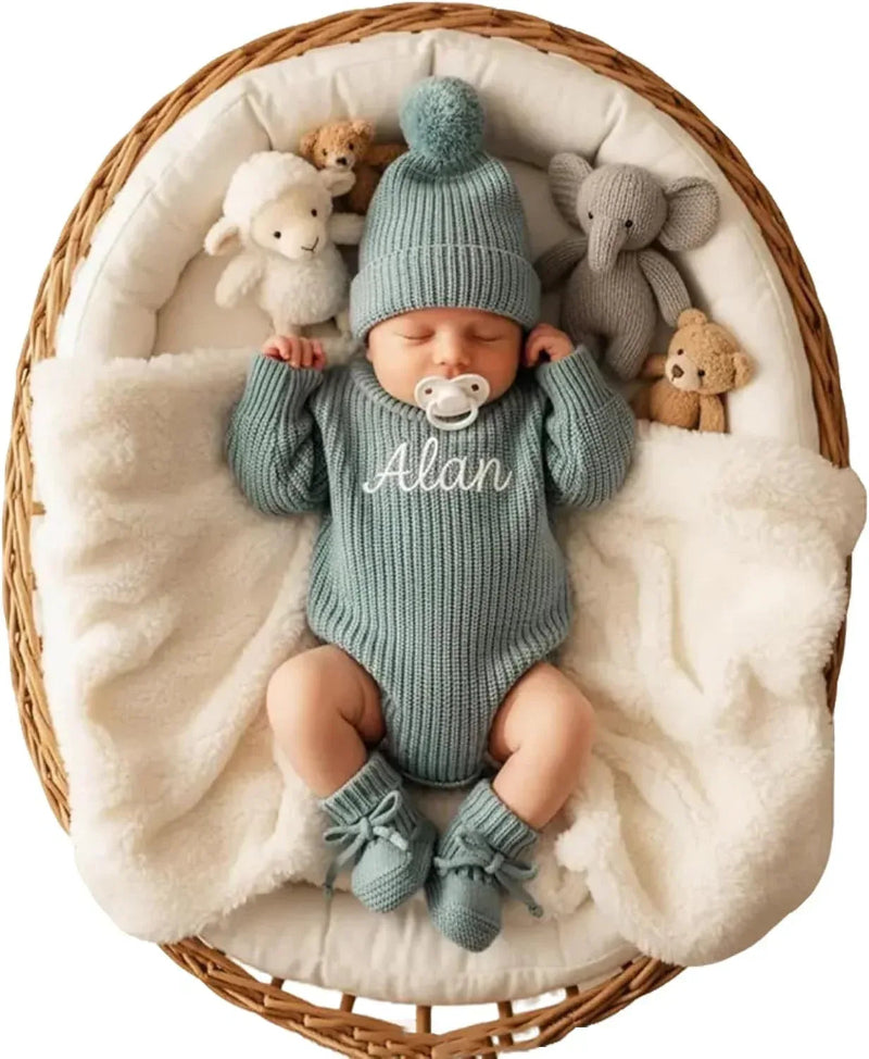 Personalized Embroidered Baby Romper Set - Cotton Newborn Coming Home Outfit, Knit Sweater with Hat & Booties,Gender Neutral Gift - Handmade Lifestyle Shop