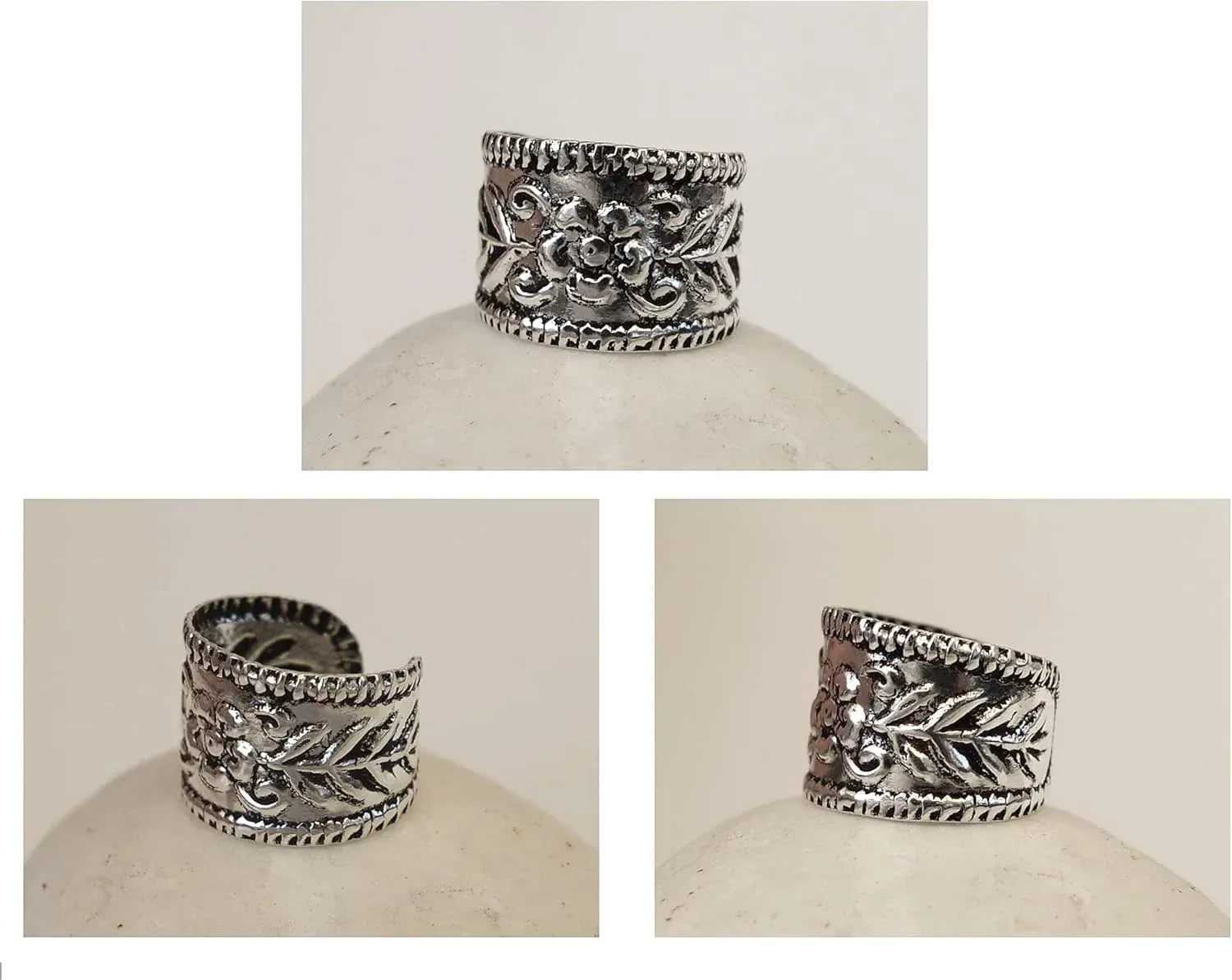 Handmade Silver 2Pcs Ear Cuffs Non-Piercing Earrings, 925 Sterling Silver, Fake Cartilage Helix Non-Pierced Ear Clip on for Women, Tiny 2 x Wide Band Floral Design Ear Wrap, By Miya Jewelry - Handmade Lifestyle Shop