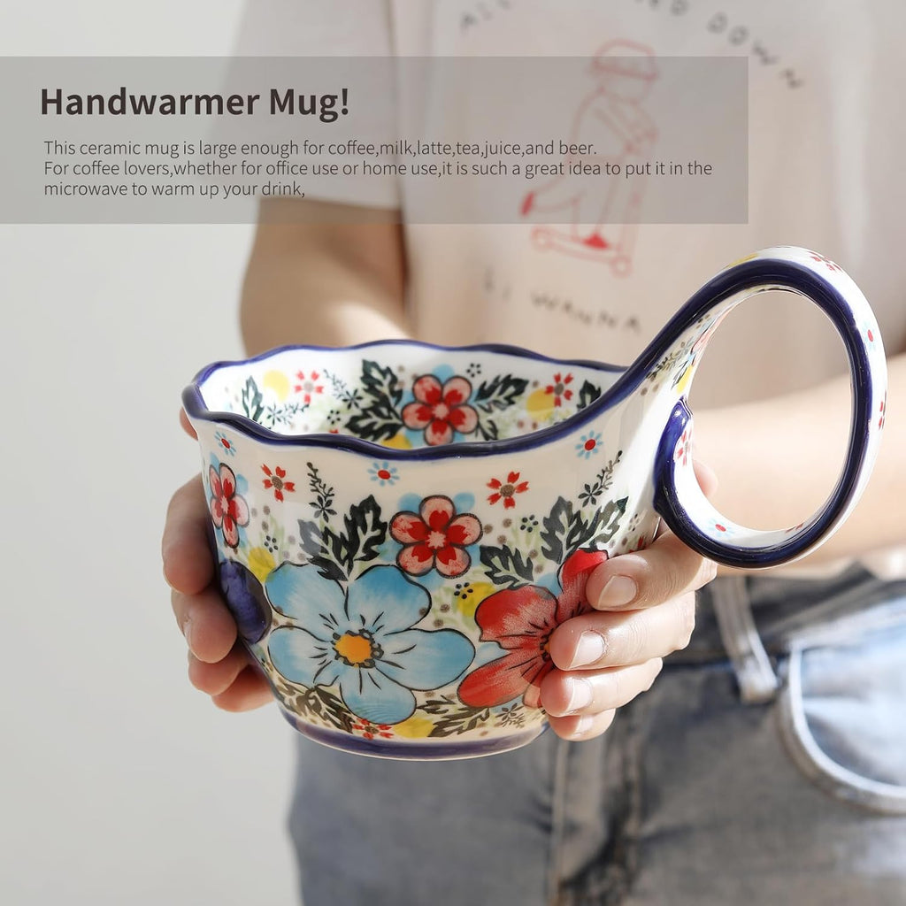 ALMA Handpainted Soup Bowl with Handle, 18.6oz Ceramic Cereal Bowl, Microwave &Dishwasher Safe,Loop Handle Bowl Great for Soup, Chili, Stew, Ice cream