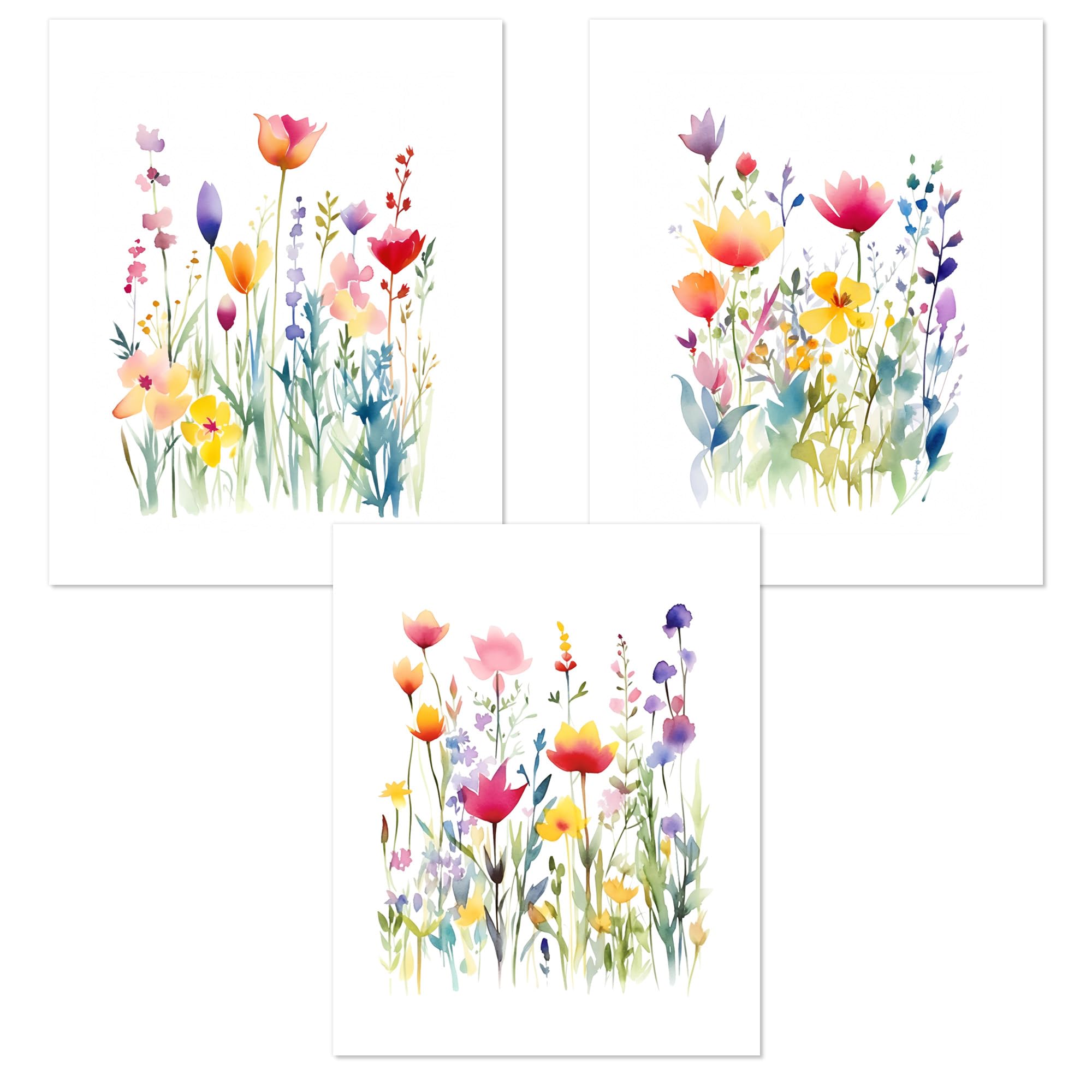 ColorAndFlair Wildflower Watercolor Colorful Spring Meadow Flowers Botanical Wall Art Prints, 3 Piece Set (11x14 inches)