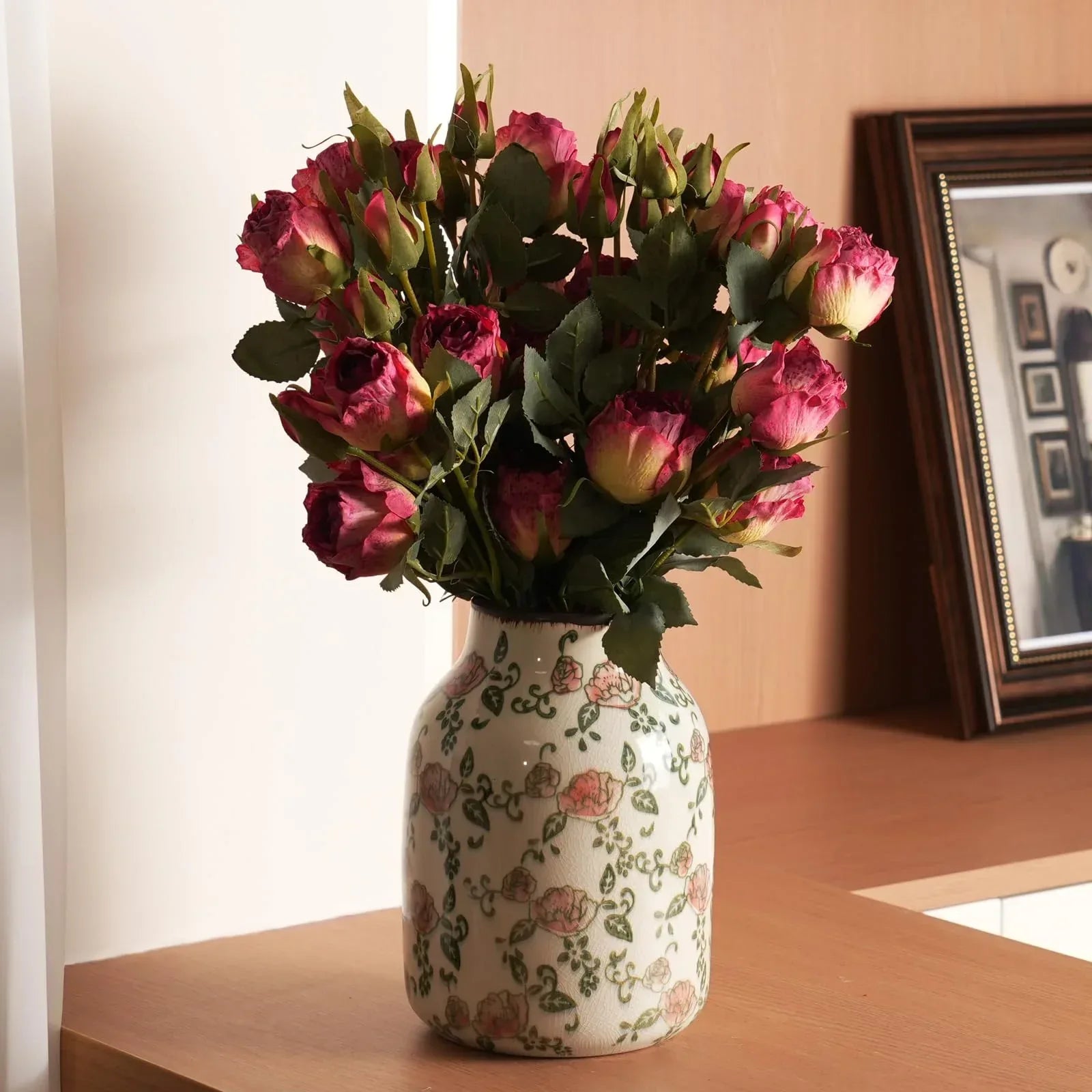 Vintage Ceramic Vase - 8.2 Inch Hand-Painted Roses with Ice Crackle Glaze Finish, American Farmhouse Style Pitcher Vase for Home Decor, Centerpiece, Shelf, Table, Office, Rustic Wedding Gift - Handmade Lifestyle Shop