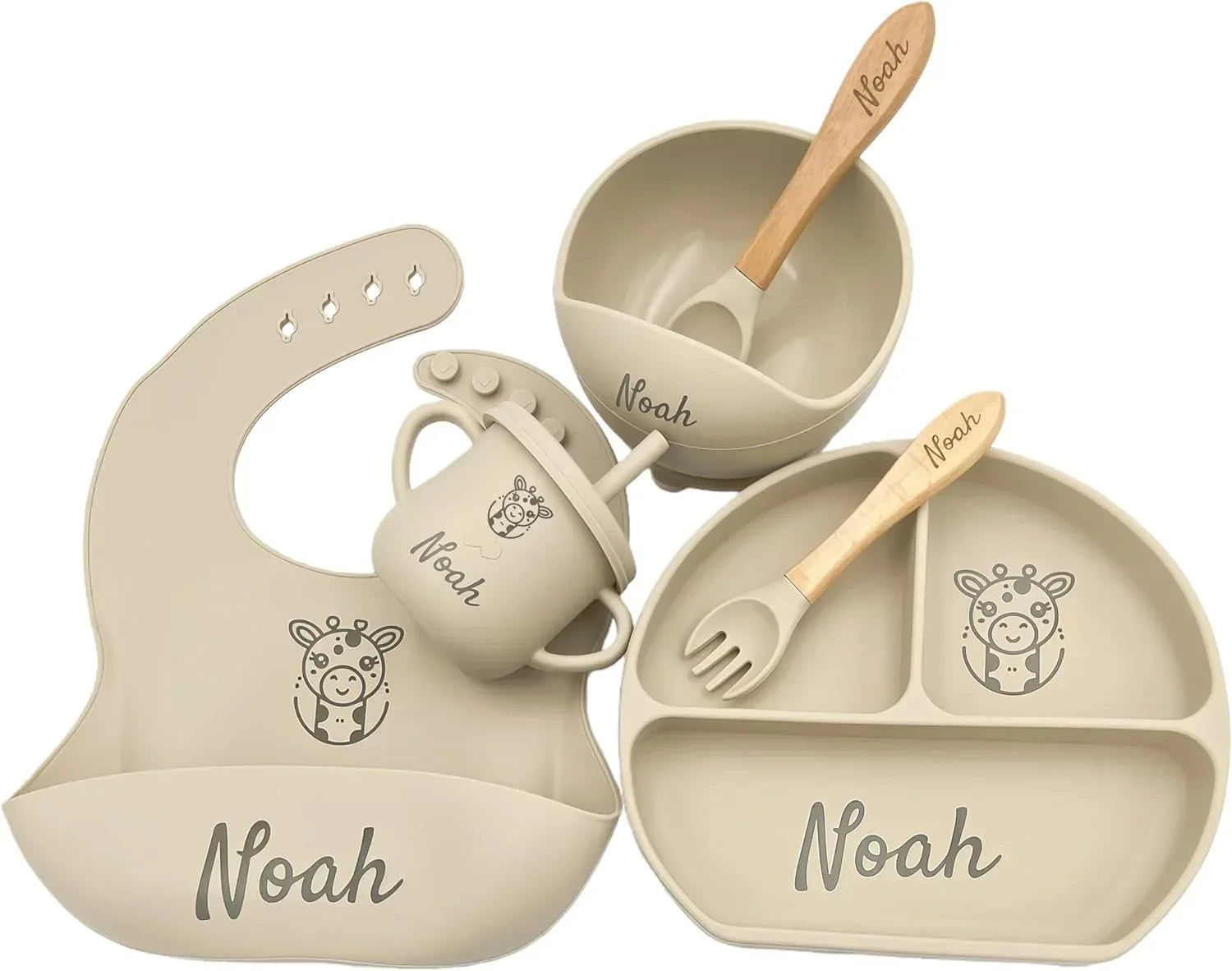 Personalized Name Food Grade 6pcs Baby Feeding Set with Spoon, Fork,Silicone Suction Bowls,Cup,Plate,and bib BPA Free - First Stage Self Feed (Color Muted Deep Pink Y19) - Handmade Lifestyle Shop
