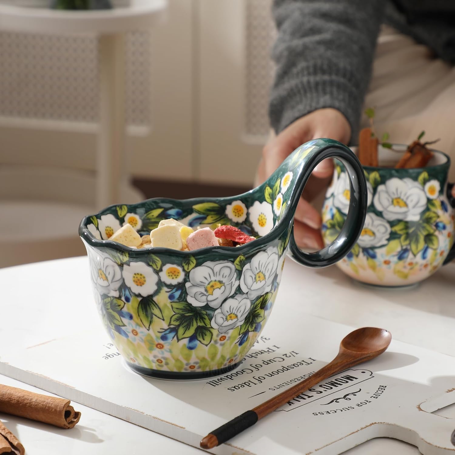 ALMA Handpainted Soup Bowl with Handle, 18.6oz Ceramic Cereal Bowl, Microwave &Dishwasher Safe,Loop Handle Bowl Great for Soup, Chili, Stew, Ice cream