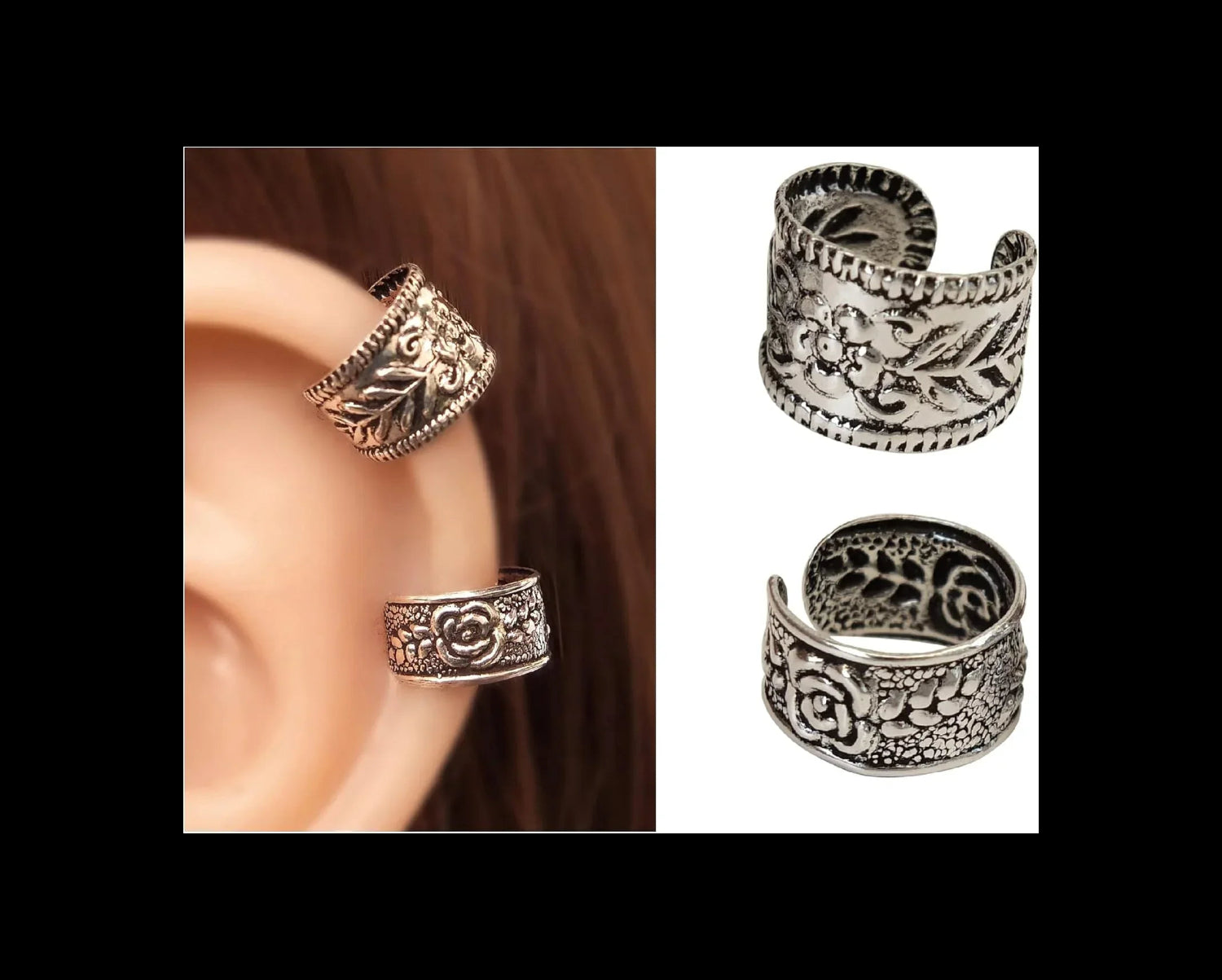 Handmade Silver 2Pcs Ear Cuffs Non-Piercing Earrings, 925 Sterling Silver, Fake Cartilage Helix Non-Pierced Ear Clip on for Women, Tiny 2 x Wide Band Floral Design Ear Wrap, By Miya Jewelry - Handmade Lifestyle Shop