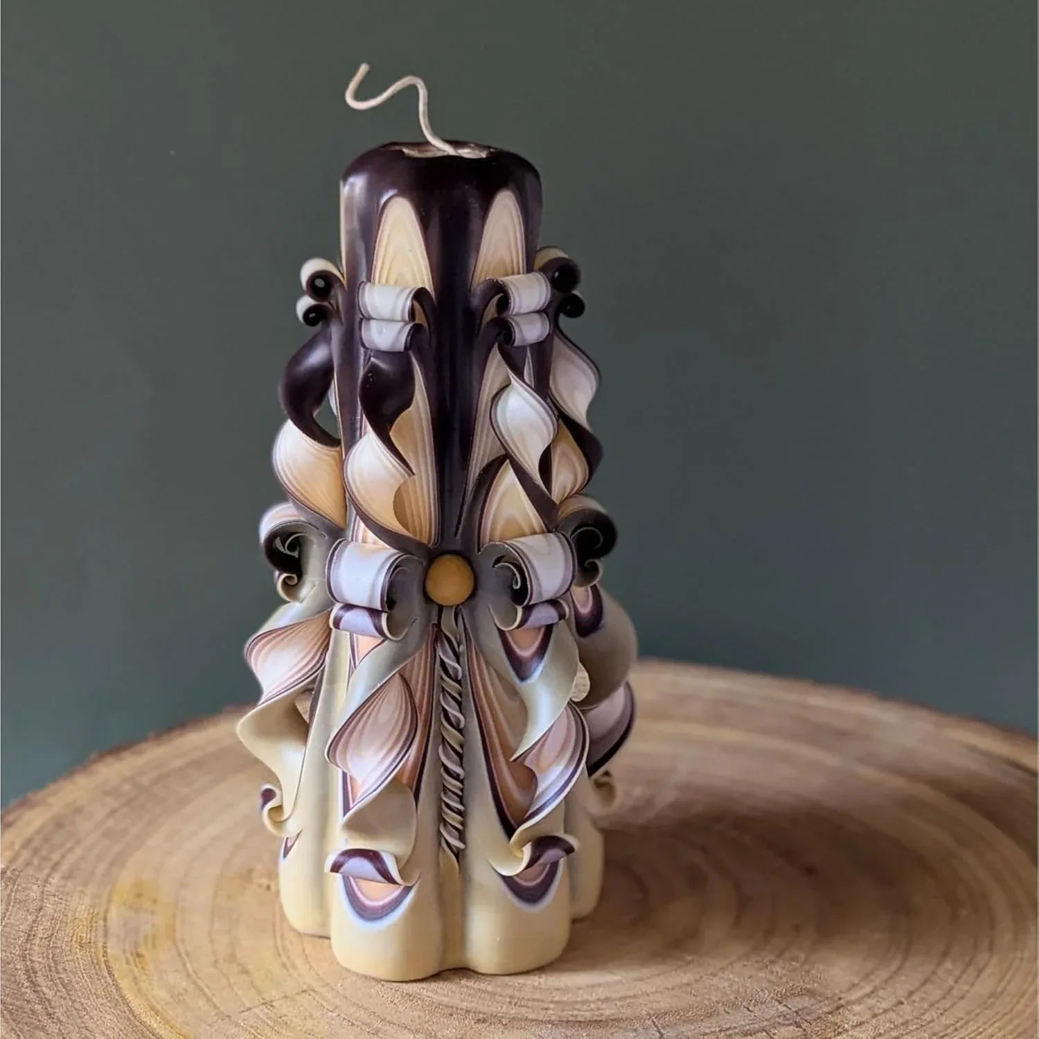 Beige Brown Hand Carved Pillar Candle 8.27" – Decorative Handmade Candle for Coffee Table, Fireplace Mantel or Living Room – Eco Friendly Long Burning Gift by NerotCandles - Handmade Lifestyle Shop