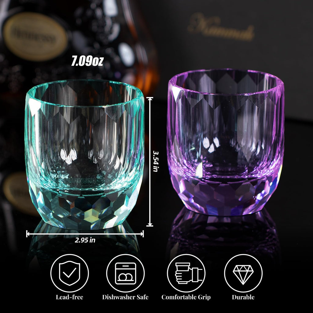 KAMMAK Crystal Whiskey Glasses Set of 2, Handcrafted 7.1oz Old Fashioned Glasses Stemless, Luxury Cocktail Glasses, Hand Blown Scotch Cup for Women, Men Gift for Rocks, Bourbon Barware, Bar