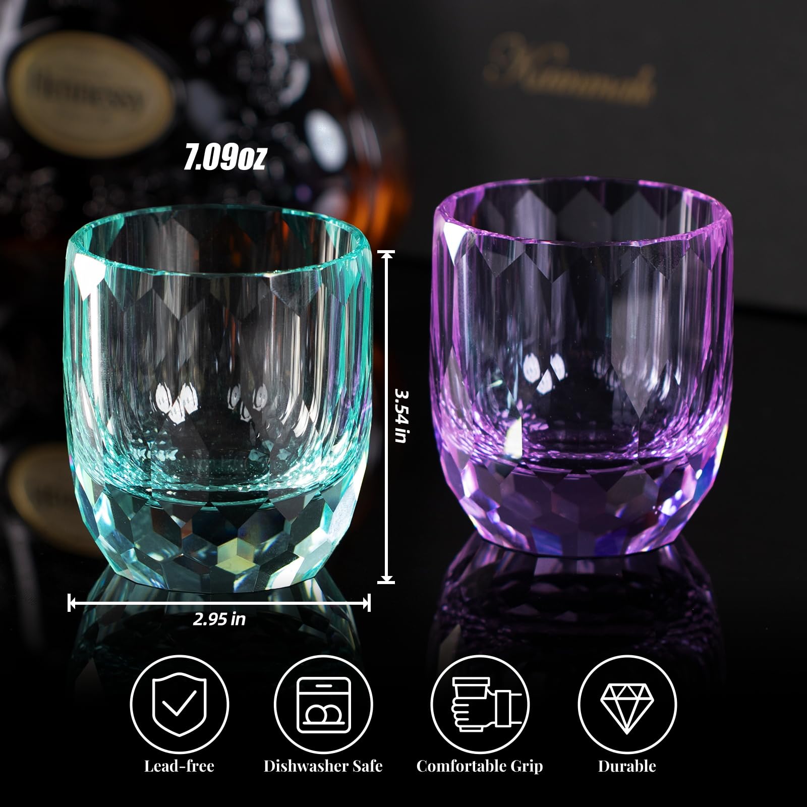 KAMMAK Crystal Whiskey Glasses Set of 2, Handcrafted 7.1oz Old Fashioned Glasses Stemless, Luxury Cocktail Glasses, Hand Blown Scotch Cup for Women, Men Gift for Rocks, Bourbon Barware, Bar