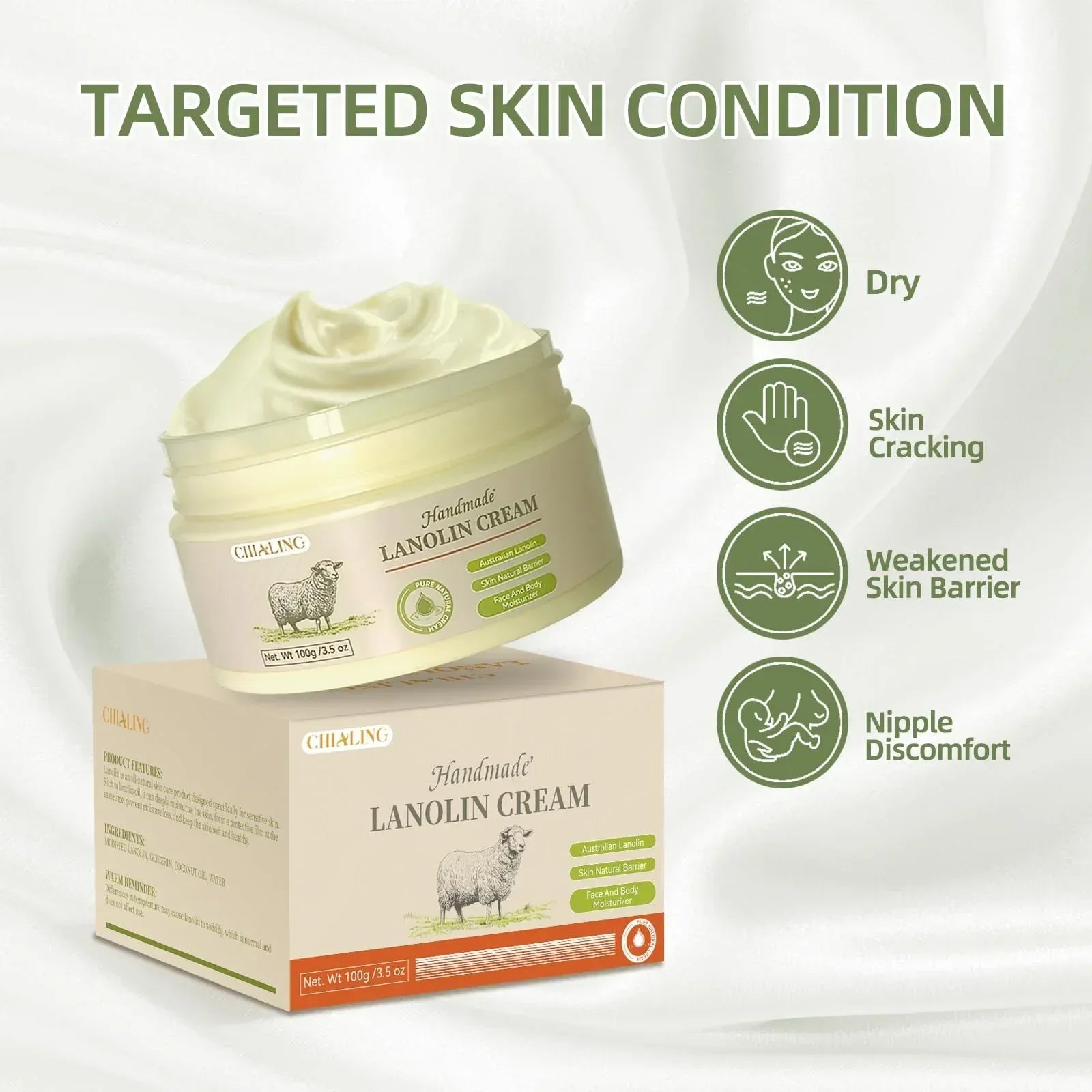 CHIALING Handmade Lanolin - 100% Pure Natural Australian Lanolin Cream - Made in USA - USP Grade Moisturizer for Dry/Cracked Skin, Nipple Discomfort, Lip Hydration & Eczema | Unscented, Additive-Free(3.5 oz) - Handmade Lifestyle Shop