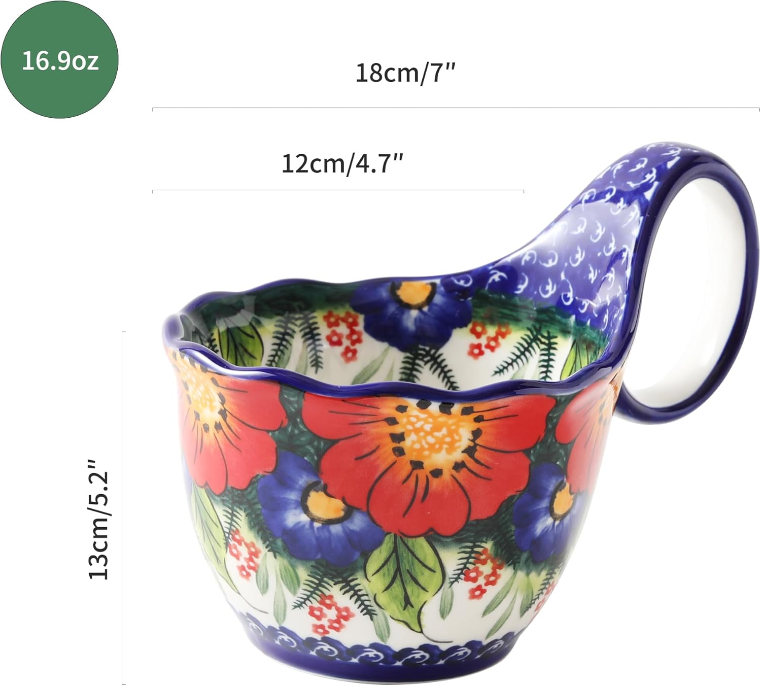 ALMA Handpainted Soup Bowl with Handle, 18.6oz Ceramic Cereal Bowl, Microwave &Dishwasher Safe,Loop Handle Bowl Great for Soup, Chili, Stew, Ice cream