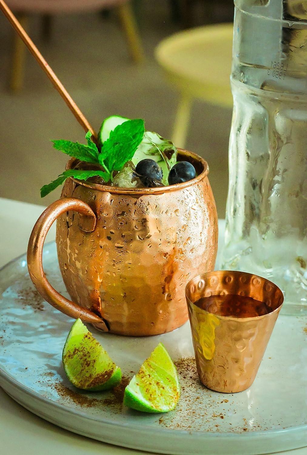 BOLD & DIVINE Moscow Mule Copper Mugs - Set of 2, 100% HANDCRAFTED - Food Safe Pure Copper Solid Mugs - 16 oz Gift Set with Premium Quality Cocktail Straws & Shot Glass! - Handmade Lifestyle Shop