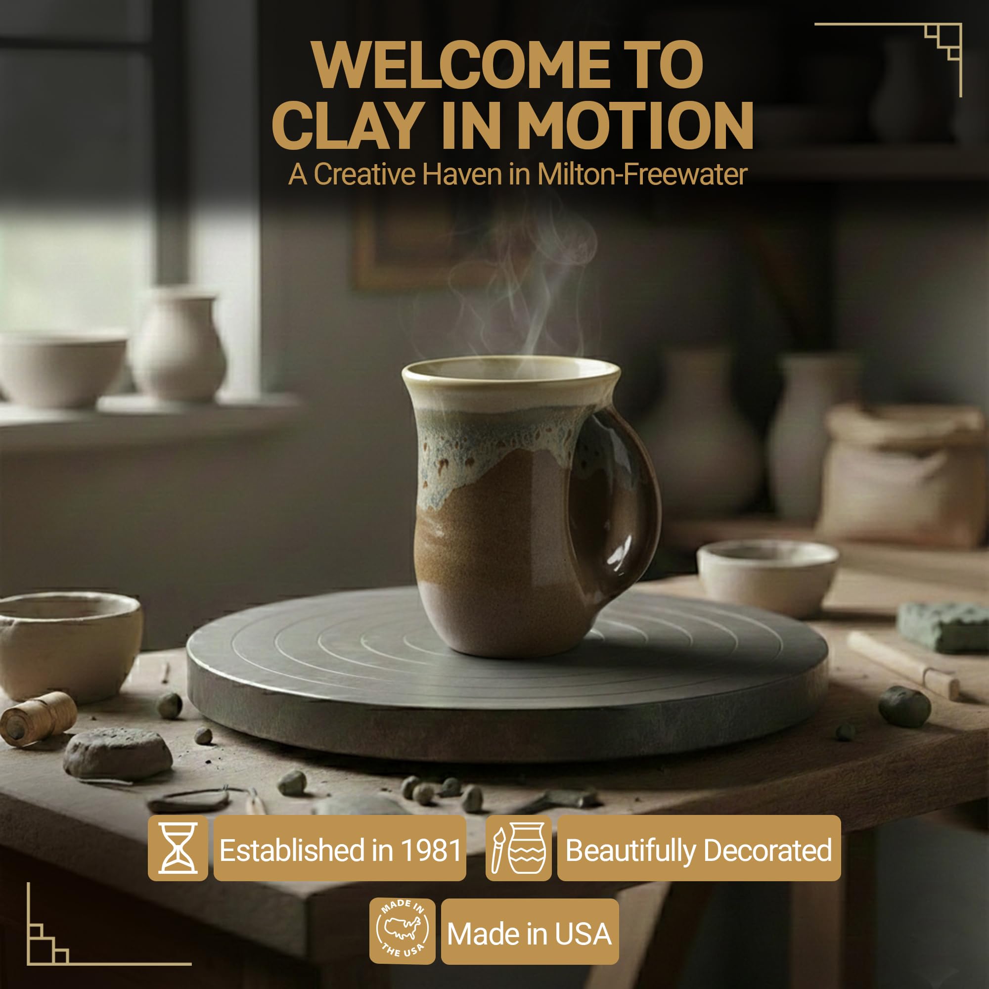 Clay in Motion Hand Warmer Coffee Mug – Handmade Coffee Mug With Comfortable Handle Contoured Pocket Hand Warming Ceramic Coffee Mug – Proudly Made in USA – Right Handed – 14 Oz - Island Oasis