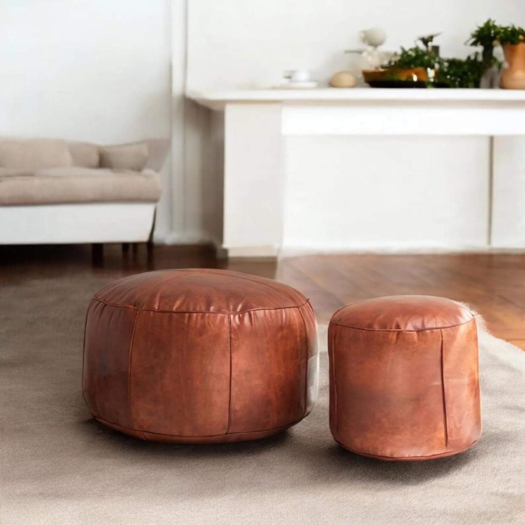 Handmade Moroccan Round Leather Pouf – Delivered Unstuffed – Ottoman, Footstool, Footrest, Hassock, Floor Cushion – Versatile Artisan Accent (Tan, 12"×12"×12" in)