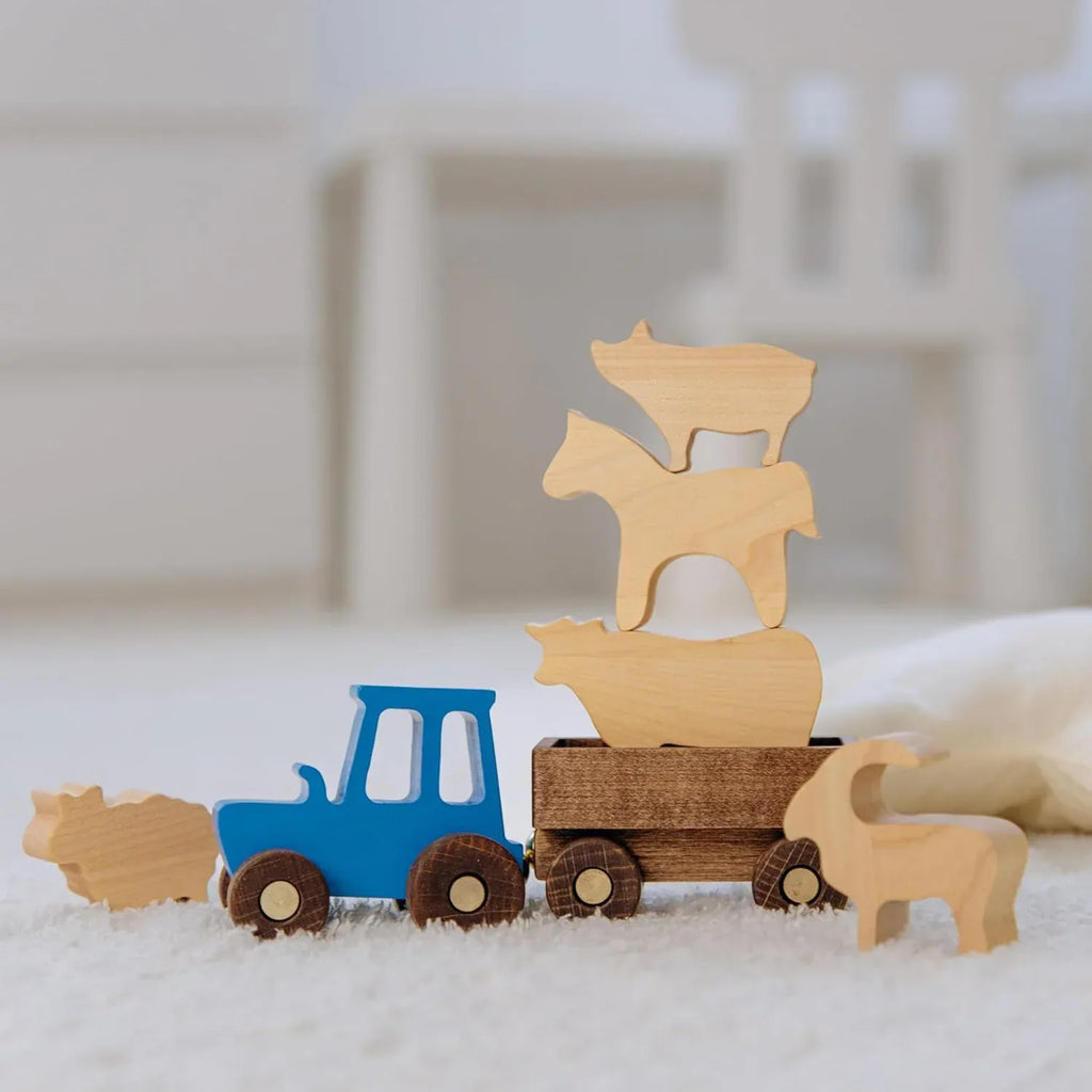 BUSY PUZZLE Wooden Tractor Toy with Trailer and Farm Animals, Natural Solid Wood Push Vehicle for Toddlers, Birthday Gift, Montessori Farm Play Set - Handmade Lifestyle Shop