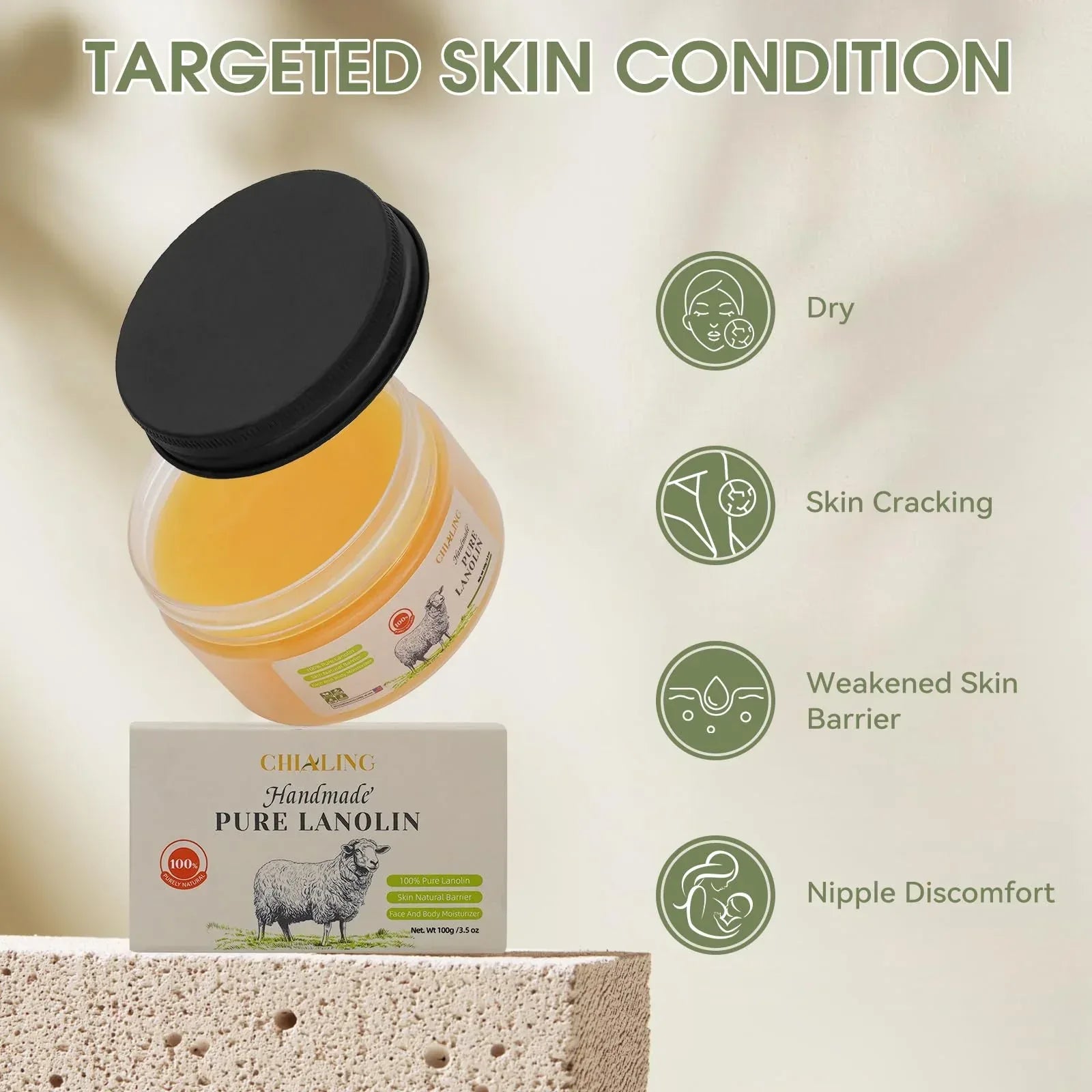 CHIALING Handmade Lanolin - 100% Pure Natural Australian Lanolin Cream - Made in USA - USP Grade Moisturizer for Dry/Cracked Skin, Nipple Discomfort, Lip Hydration & Eczema | Unscented, Additive-Free(3.5 oz) - Handmade Lifestyle Shop