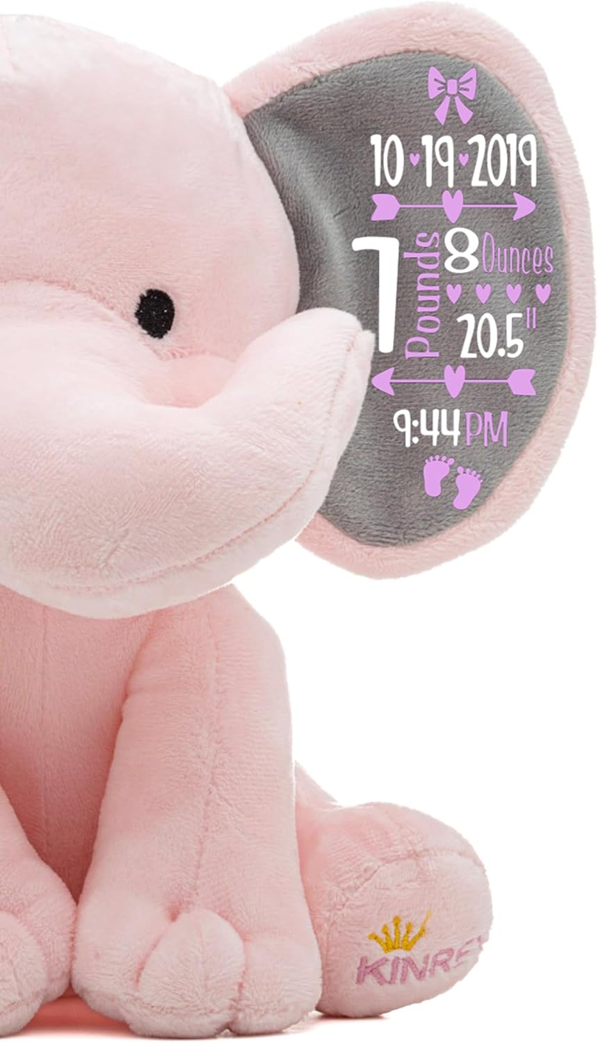 Personalized Elephant Stuffed Animal - Custom Birth Stats Announcement Stuff Elephants Animals for Babies, Baby Shower, Boy, Girl, Newborn, Customized Keepsake Plush Bear Gifts, Pink 9 Inches