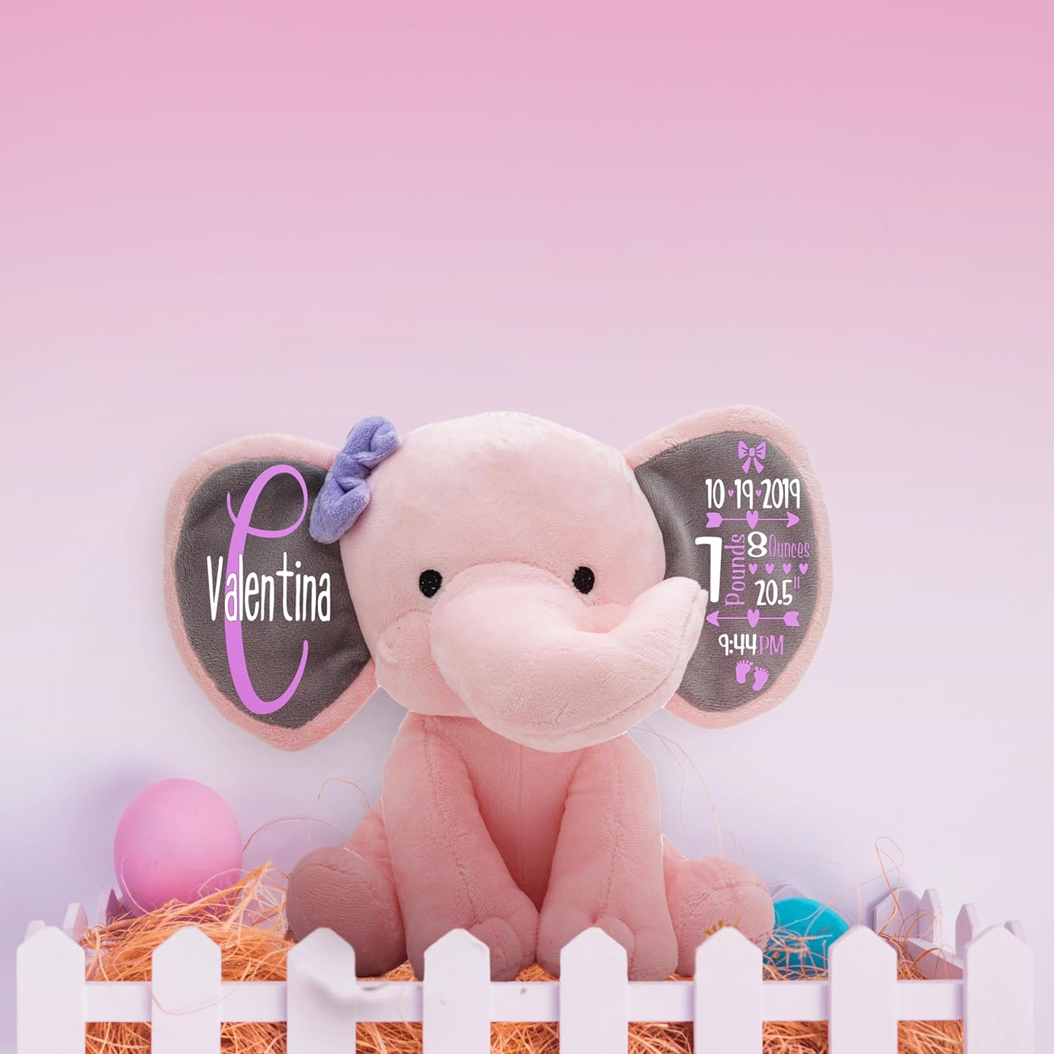Personalized Elephant Stuffed Animal - Custom Birth Stats Announcement Stuff Elephants Animals for Babies, Baby Shower, Boy, Girl, Newborn, Customized Keepsake Plush Bear Gifts, Pink 9 Inches
