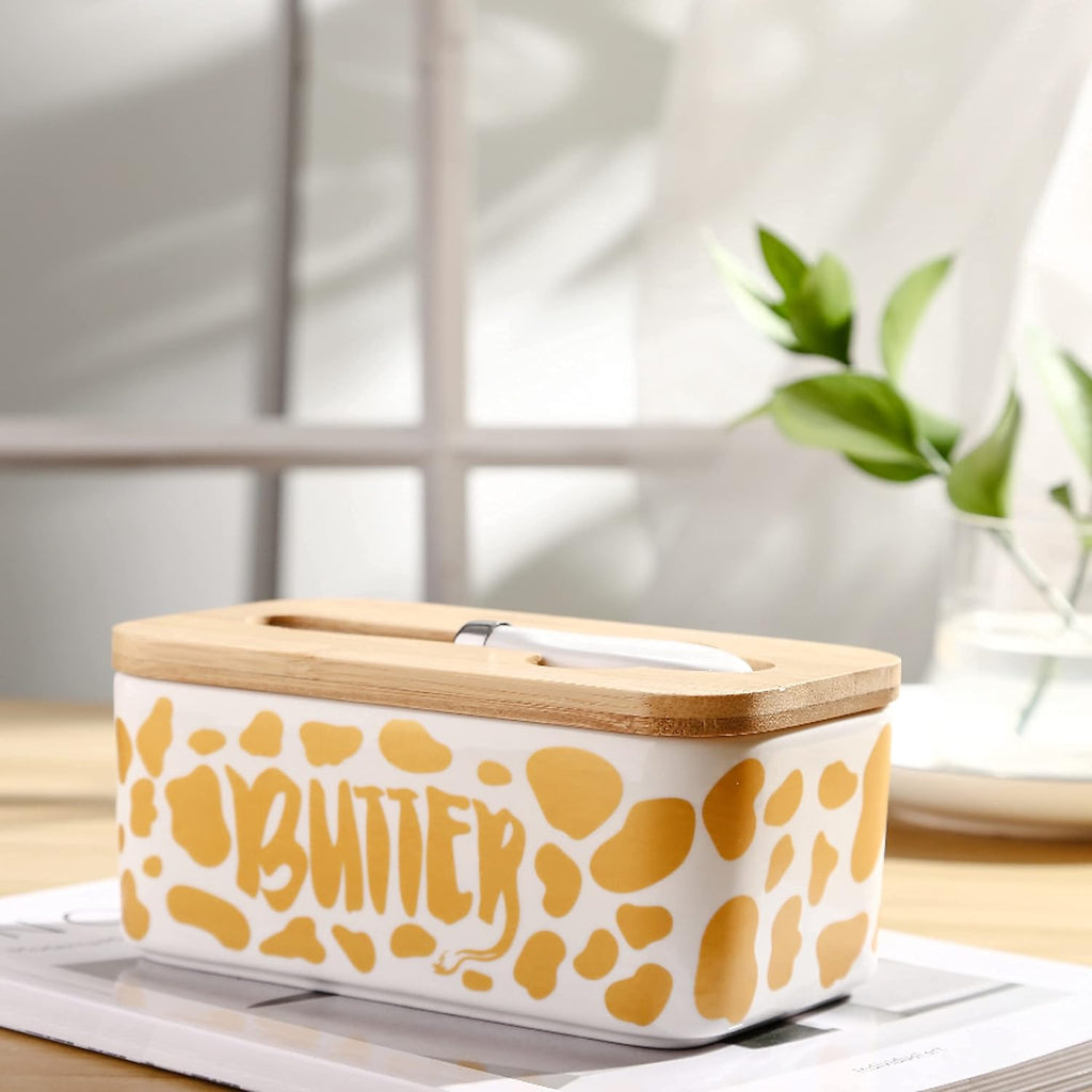 Butter Dish with Lid, Butter Dish with Lid for Countertop, White Butter Keeper Holds Up to 2 Sticks - Butter Holder and Container (Black butter me up, Large)