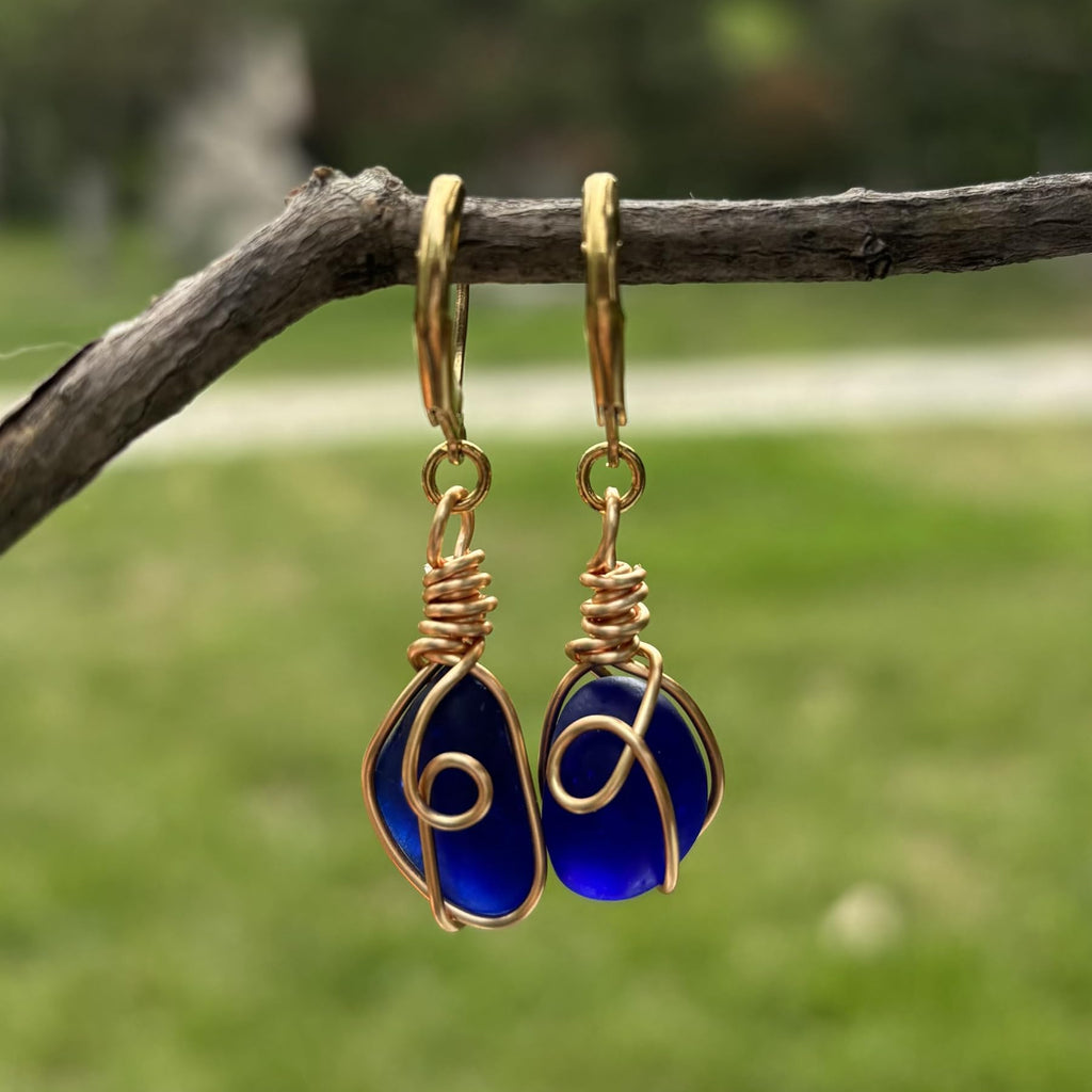 Handmade Sea Glass Wire Wrap Drop Earrings Jewelry ，Beach Earrings, Summer Gift, Ocean Jewelry Inspirational Gifts for Women, Mom, Sister