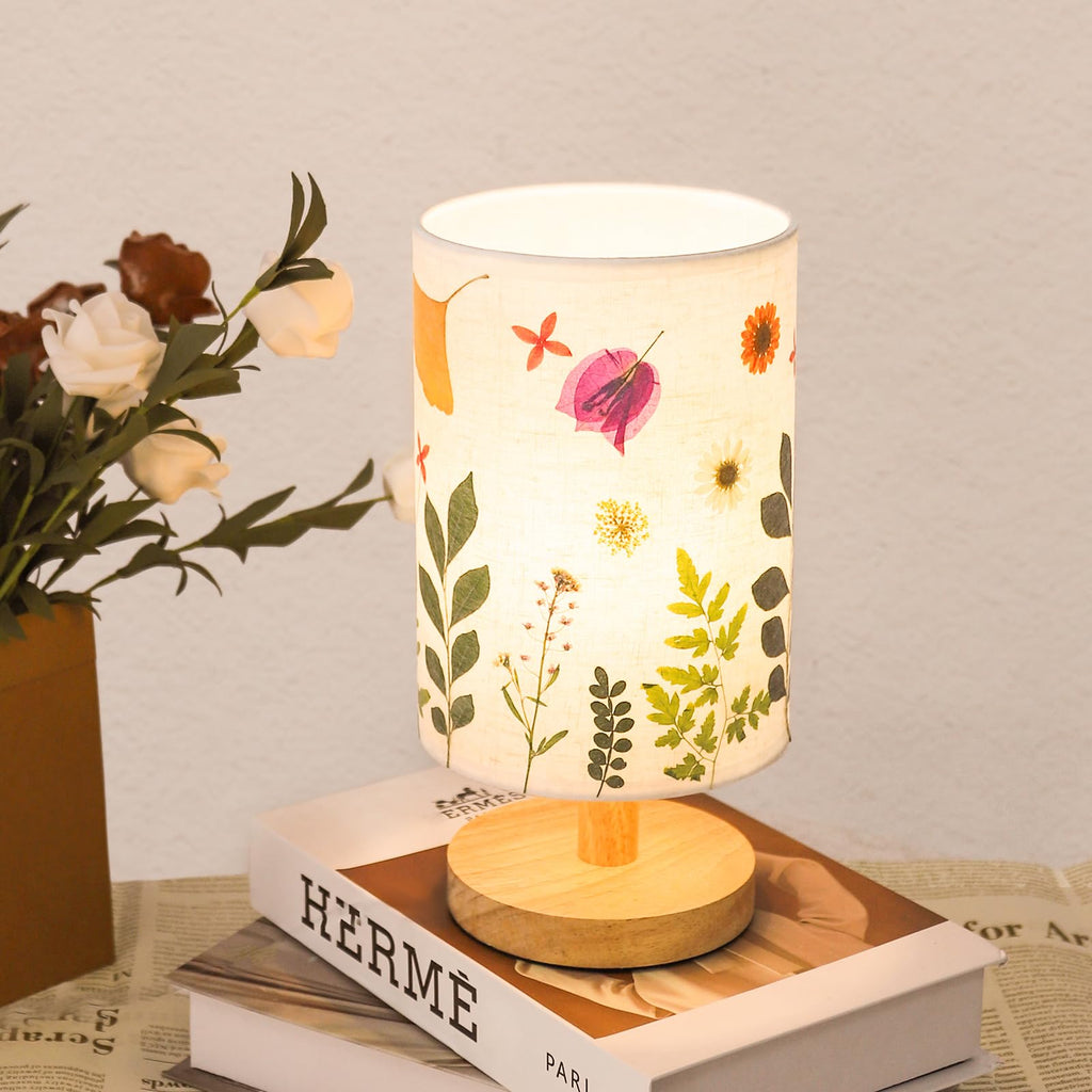 Dried Flowers Small Table Lamp 5W LED 3-Color Bedside Lamp Pressed Flowers Lampshade with Wood Base for Bedroom Living Room Desk Nursery