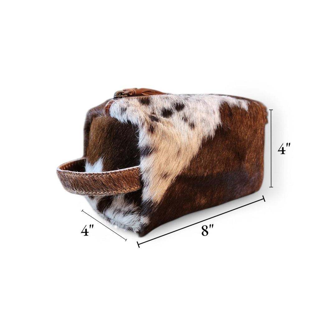 Ranch Junkie Mercantile Genuine Cowhide Handcrafted Cosmetic Pouch Highlands Cowhide Makeup Bag (Caramel Cowhide Mix)