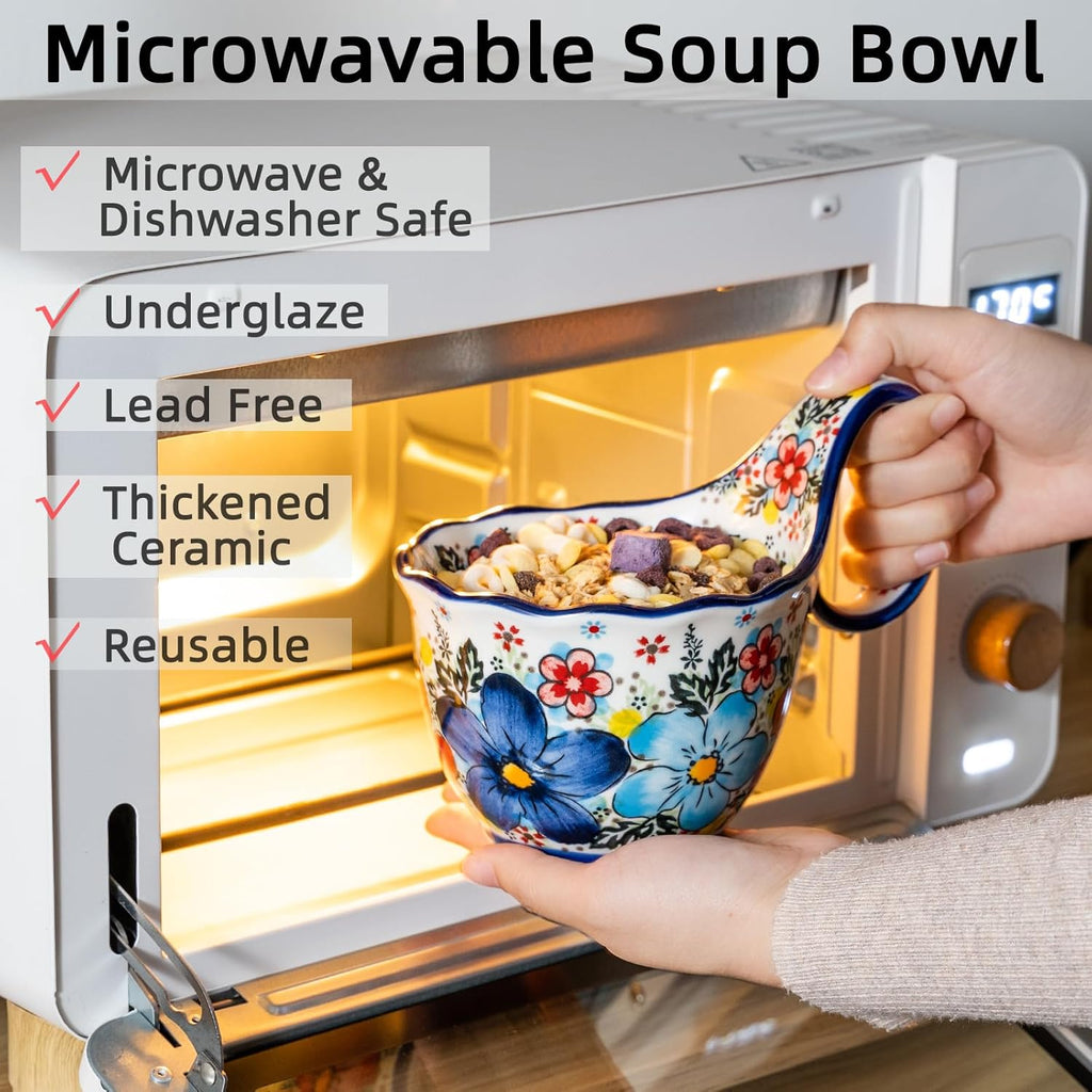 ALMA Handpainted Soup Bowl with Handle, 18.6oz Ceramic Cereal Bowl, Microwave &Dishwasher Safe,Loop Handle Bowl Great for Soup, Chili, Stew, Ice cream