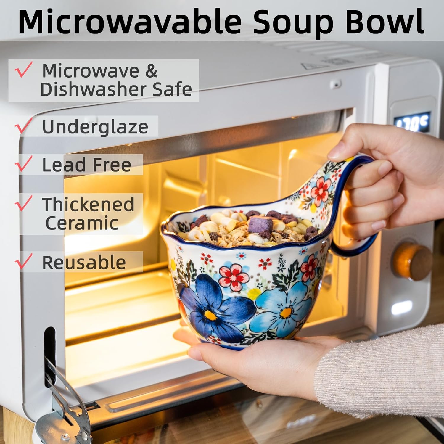 ALMA Handpainted Soup Bowl with Handle, 18.6oz Ceramic Cereal Bowl, Microwave &Dishwasher Safe,Loop Handle Bowl Great for Soup, Chili, Stew, Ice cream