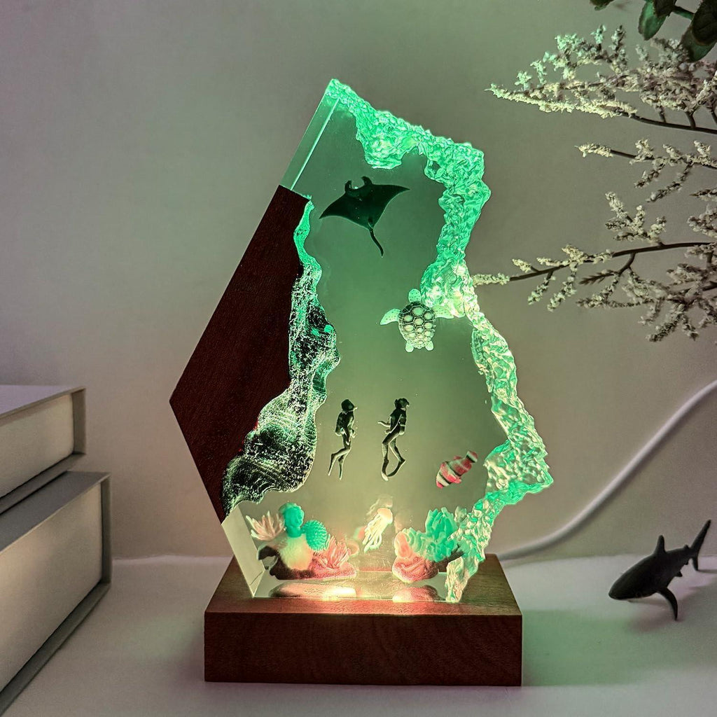 Handmade 3D Ocean Resin Lamp - USB Powered Resin Ocean Night Light with Wooden Base, Variable Lights, Scuba Diver Gifts, Diving Enthusiast Collectibles, Unique Birthday Holiday Gifts for Men & Women - Handmade Lifestyle Shop