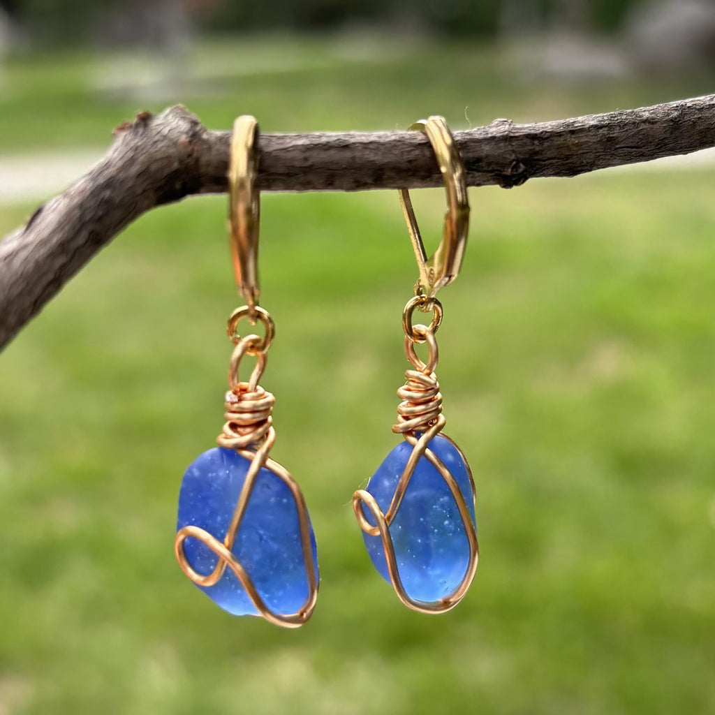 Handmade Sea Glass Wire Wrap Drop Earrings Jewelry ，Beach Earrings, Summer Gift, Ocean Jewelry Inspirational Gifts for Women, Mom, Sister