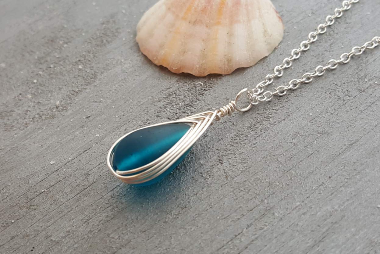 Yinahawaii Handmade Sea Glass Necklace, Hawaiian Jewelry For Women, Braided Teardrop Necklace, Unique Sea Glass Jewelry For Women Birthday Gift
