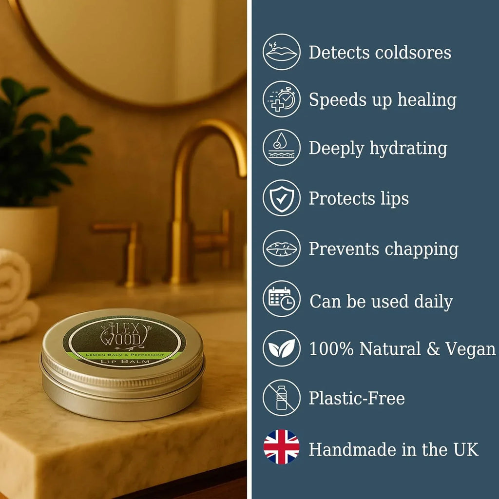 The Ilex Wood - All Natural Lip Balm - Lemon Balm and Peppermint - Cold Sore Treatment for Lips, Palm Oil Free, Cruelty Free, Plastic Free, Moisturising Lip Balm, Handcrafted - 10ml (0.34 fl oz) - Handmade Lifestyle Shop