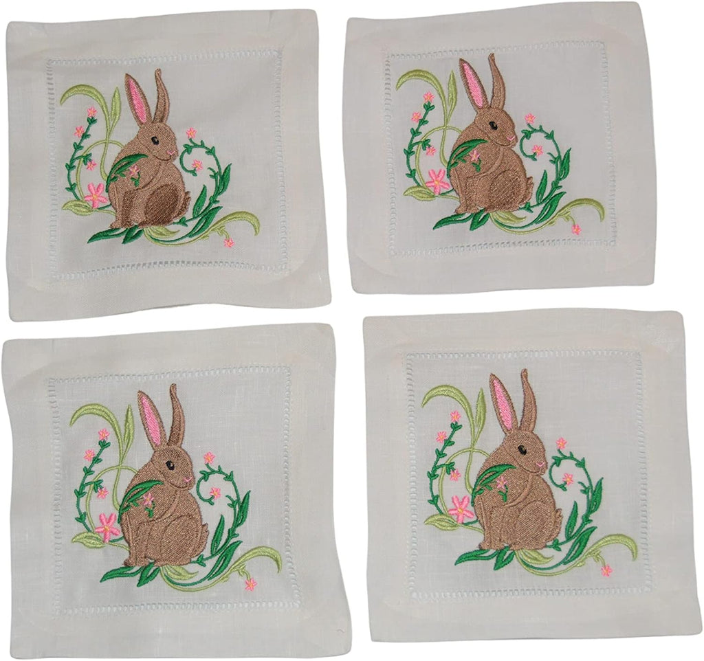 Spring Bunny Linen Beverage Napkins, Easter Bunny with Flowers embroidered Cocktail Napkin