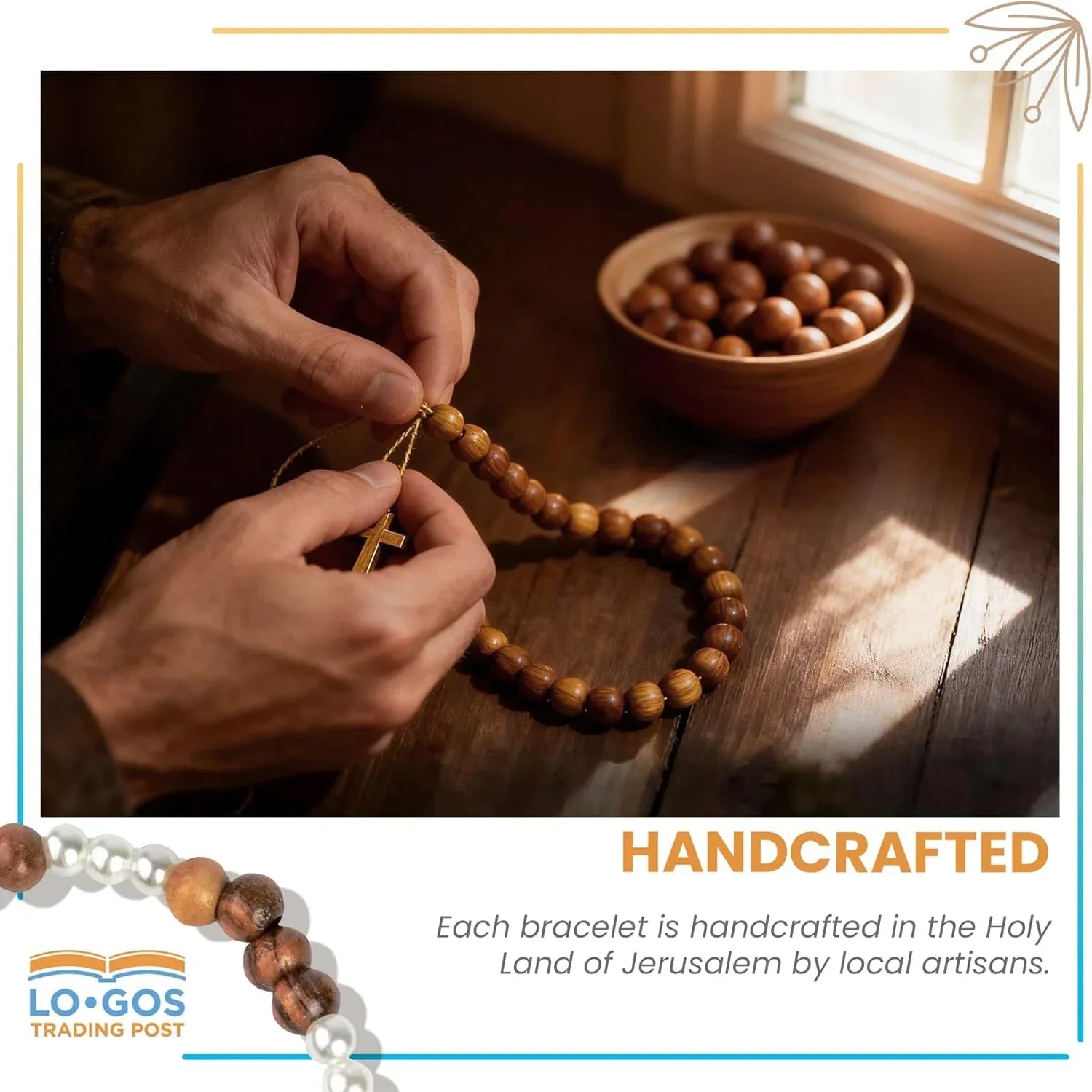 Handcrafted Olive Wood & White Bead Bracelet With Cross – Silver-Plated Jerusalem Cross Dangle – The Holy Land of Bethlehem Gifts – Unique Catholic Jewelry for Men and Women - Handmade Lifestyle Shop