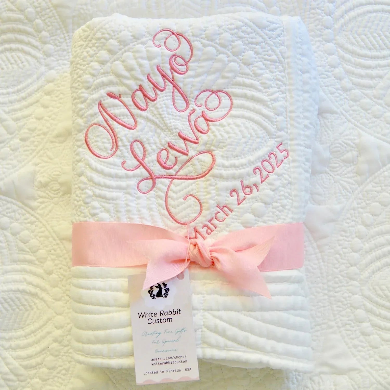 Personalized Baby Blanket Baptism Cotton Quilt Girl Boy Gift Embroidered Name Date Custom Monogrammed Grandparent Christian Gift Customized - Handmade Lifestyle Shop