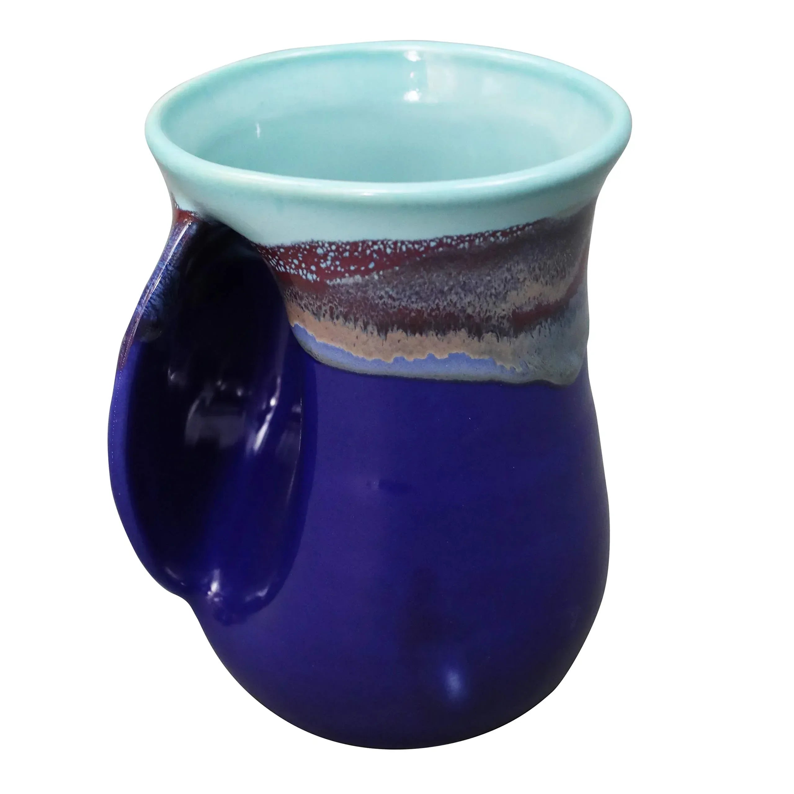 Clay in Motion Hand Warmer Coffee Mug – Handmade Coffee Mug With Comfortable Handle Contoured Pocket Hand Warming Ceramic Coffee Mug – Proudly Made in USA – Right Handed – 14 Oz - Island Oasis - Handmade Lifestyle Shop