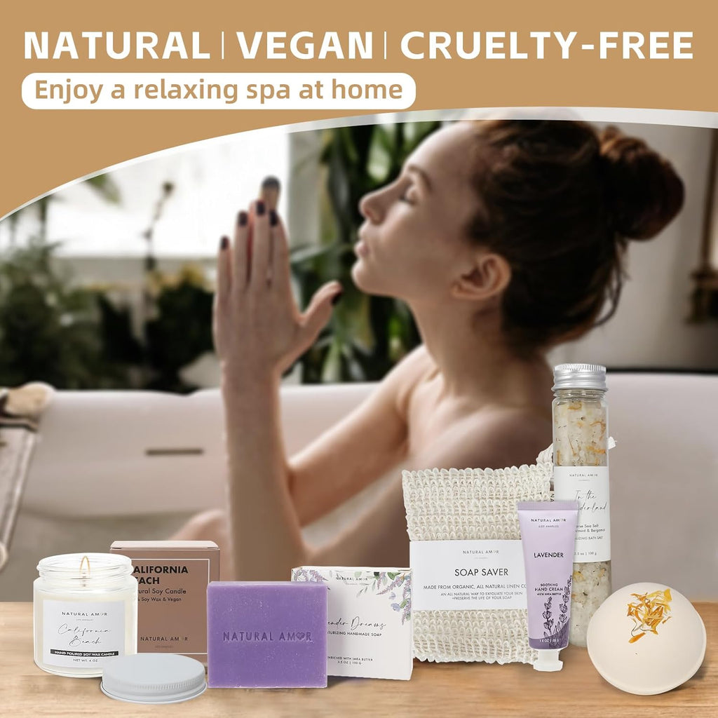 Natural Amor Handmade Spa Gift Set 6 pcs– Includes Citrus Bath Bomb, Lavender Hand Cream, Soap, Bath Salt, Candle – Relaxing Self-Care Kit for Women