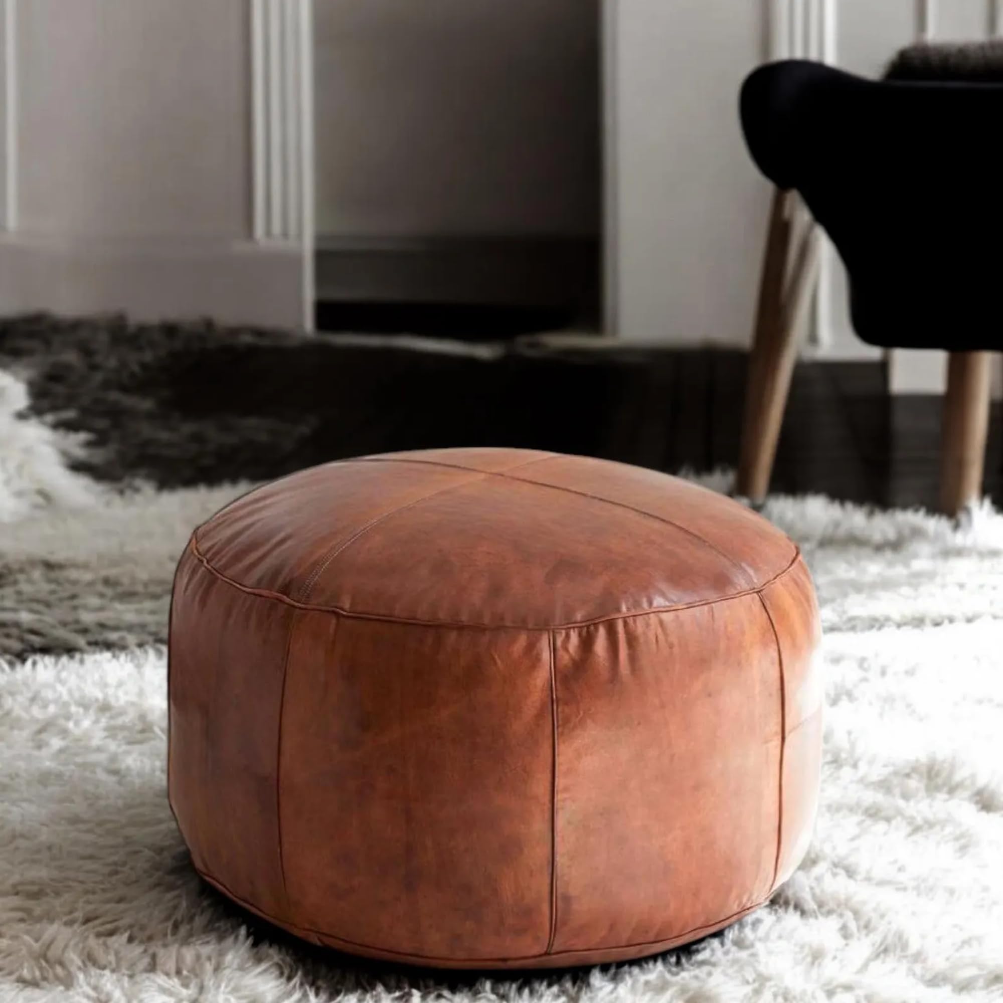 Handmade Moroccan Round Leather Pouf – Delivered Unstuffed – Ottoman, Footstool, Footrest, Hassock, Floor Cushion – Versatile Artisan Accent (Tan, 12"×12"×12" in)