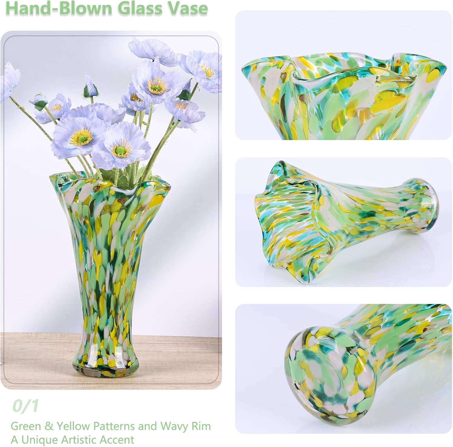9.0" H Teal Glass Vases for Flowers, Unique Hand Blown Glass Vase Green Home Decor, Wide Mouth Colorful Flower Vase Centerpieces, for Living Room Table Bookshelf, Bathroom Office Shelf Decorative