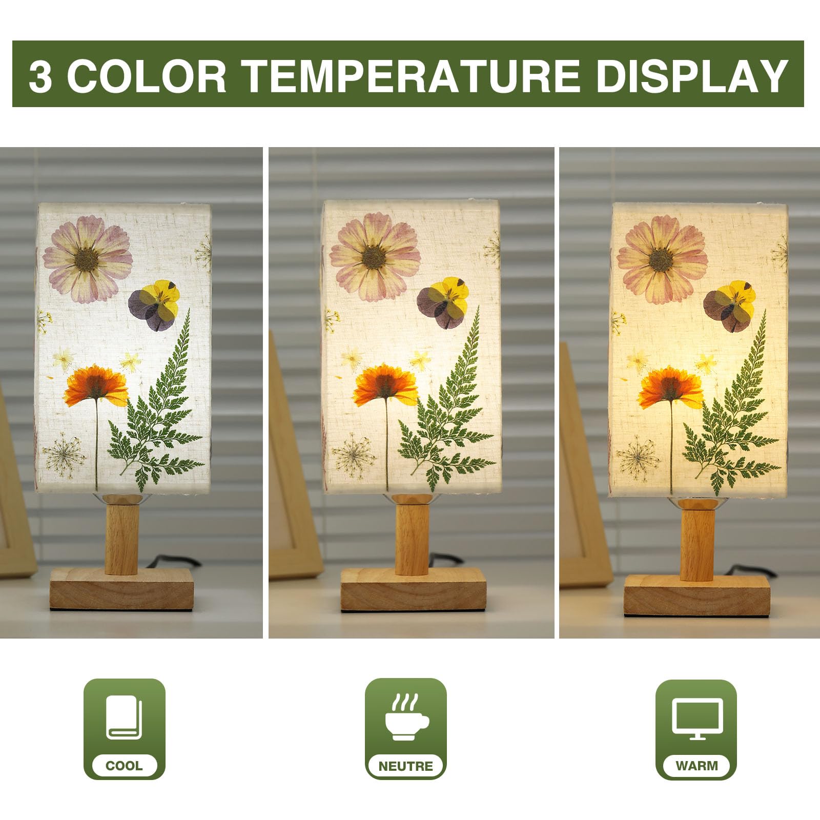 Dried Flowers Small Table Lamp 5W LED 3-Color Bedside Lamp Pressed Flowers Lampshade with Wood Base for Bedroom Living Room Desk Nursery