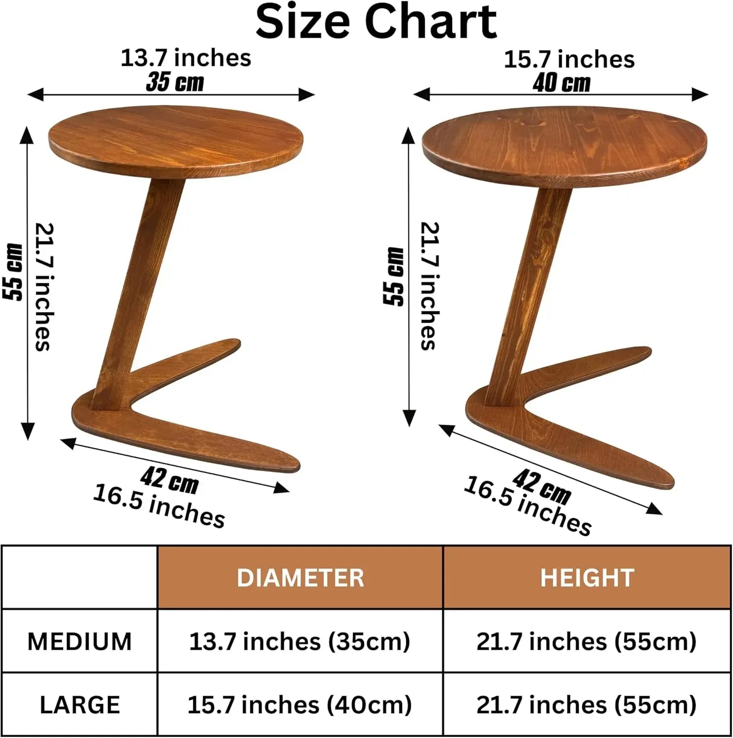 C-Shaped Handmade Solid Wood End Table, Side Table for Couches, Sofa Tables Slide Under Couch for Living Room, Over Couch TV Tray Table for Small Spaces (Medium, Chestnut) - Handmade Lifestyle Shop