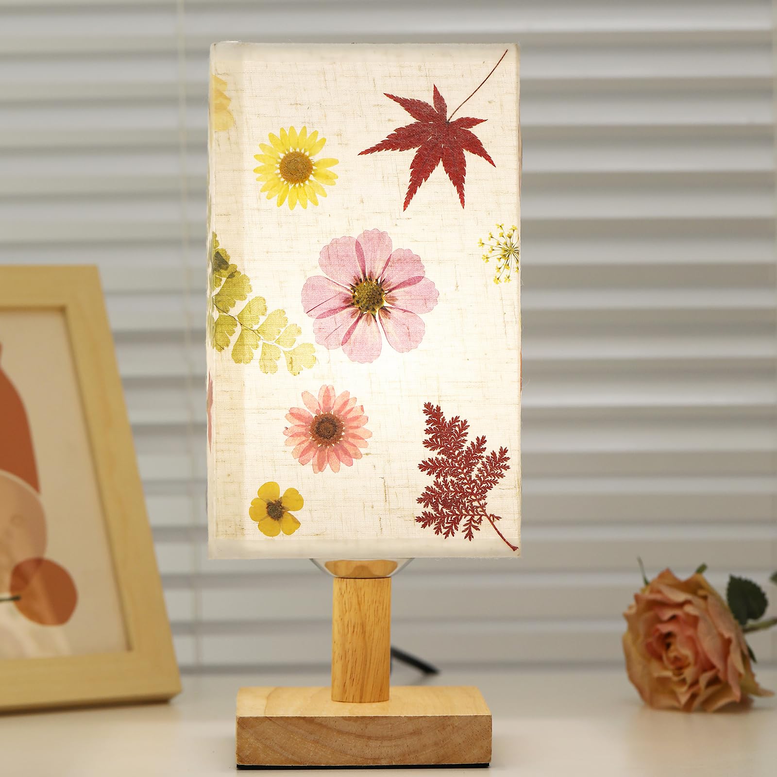 Dried Flowers Small Table Lamp 5W LED 3-Color Bedside Lamp Pressed Flowers Lampshade with Wood Base for Bedroom Living Room Desk Nursery