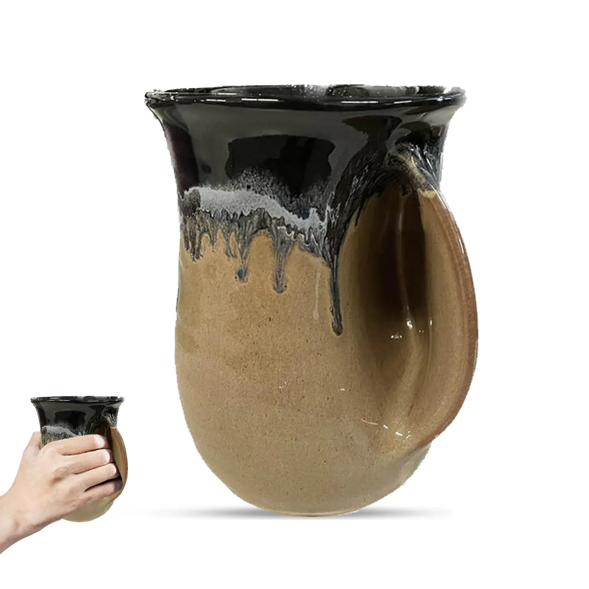 Clay in Motion Hand Warmer Coffee Mug – Handmade Coffee Mug With Comfortable Handle Contoured Pocket Hand Warming Ceramic Coffee Mug – Proudly Made in USA – Right Handed – 14 Oz - Island Oasis - Handmade Lifestyle Shop