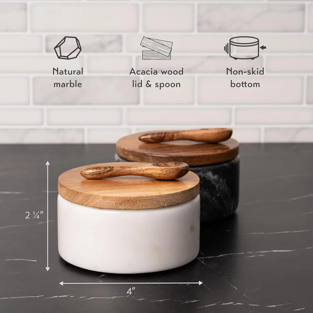 Cork & Mill Marble Salt and Pepper Bowls - Set of 2 Handcrafted White/Grey Solid Marble Salt and Pepper Cellars with Lids and Spoons - Elegant Containers for Countertop or Table - Handmade Lifestyle Shop