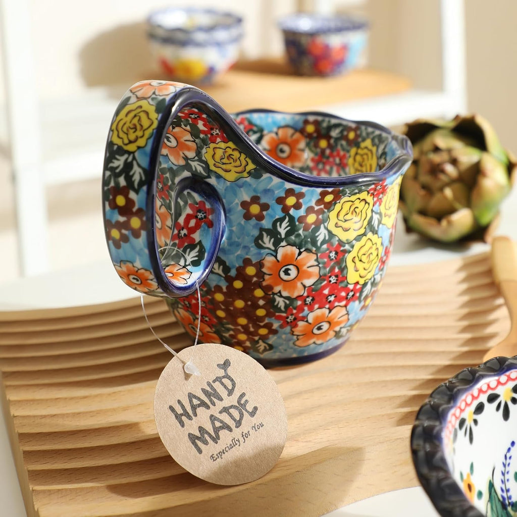ALMA Handpainted Soup Bowl with Handle, 18.6oz Ceramic Cereal Bowl, Microwave &Dishwasher Safe,Loop Handle Bowl Great for Soup, Chili, Stew, Ice cream
