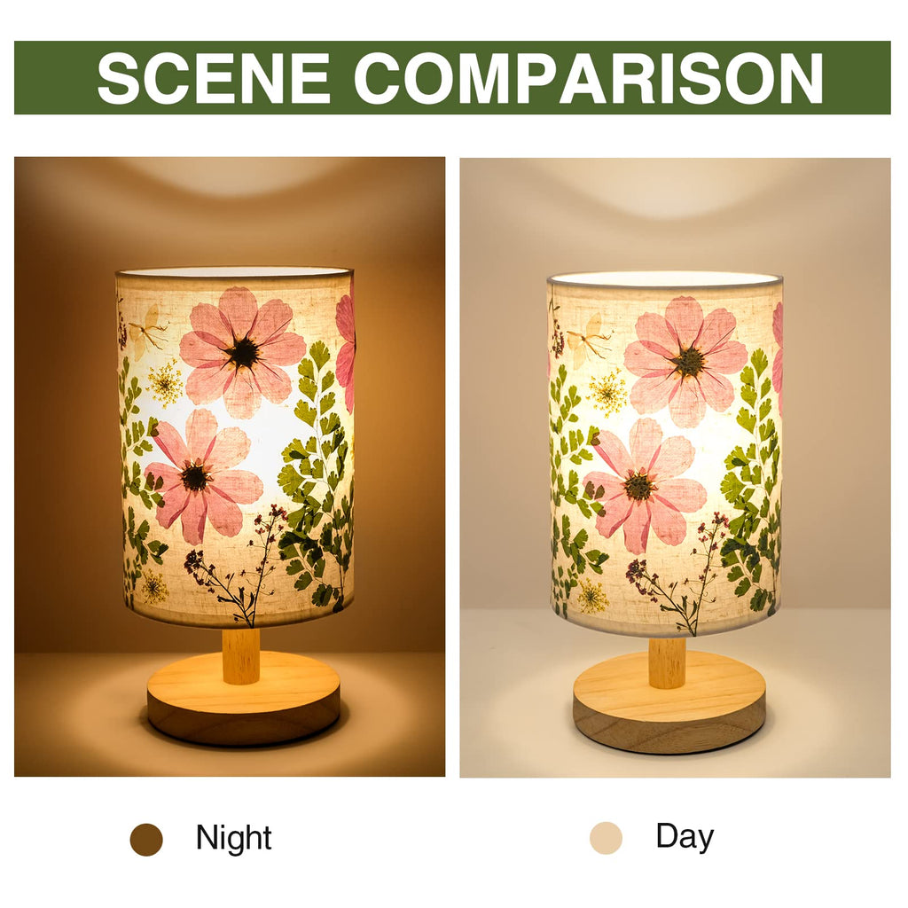 Dried Flowers Small Table Lamp 5W LED 3-Color Bedside Lamp Pressed Flowers Lampshade with Wood Base for Bedroom Living Room Desk Nursery