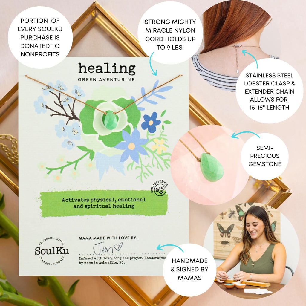 SoulKu Handcrafted Necklace, Empowerment Jewelry With Healing Crystal, Inspirational Jewelry For Women, Mom & Sister Gifts, 2" Extender With Lobster Clasp, 16" Nylon Cord